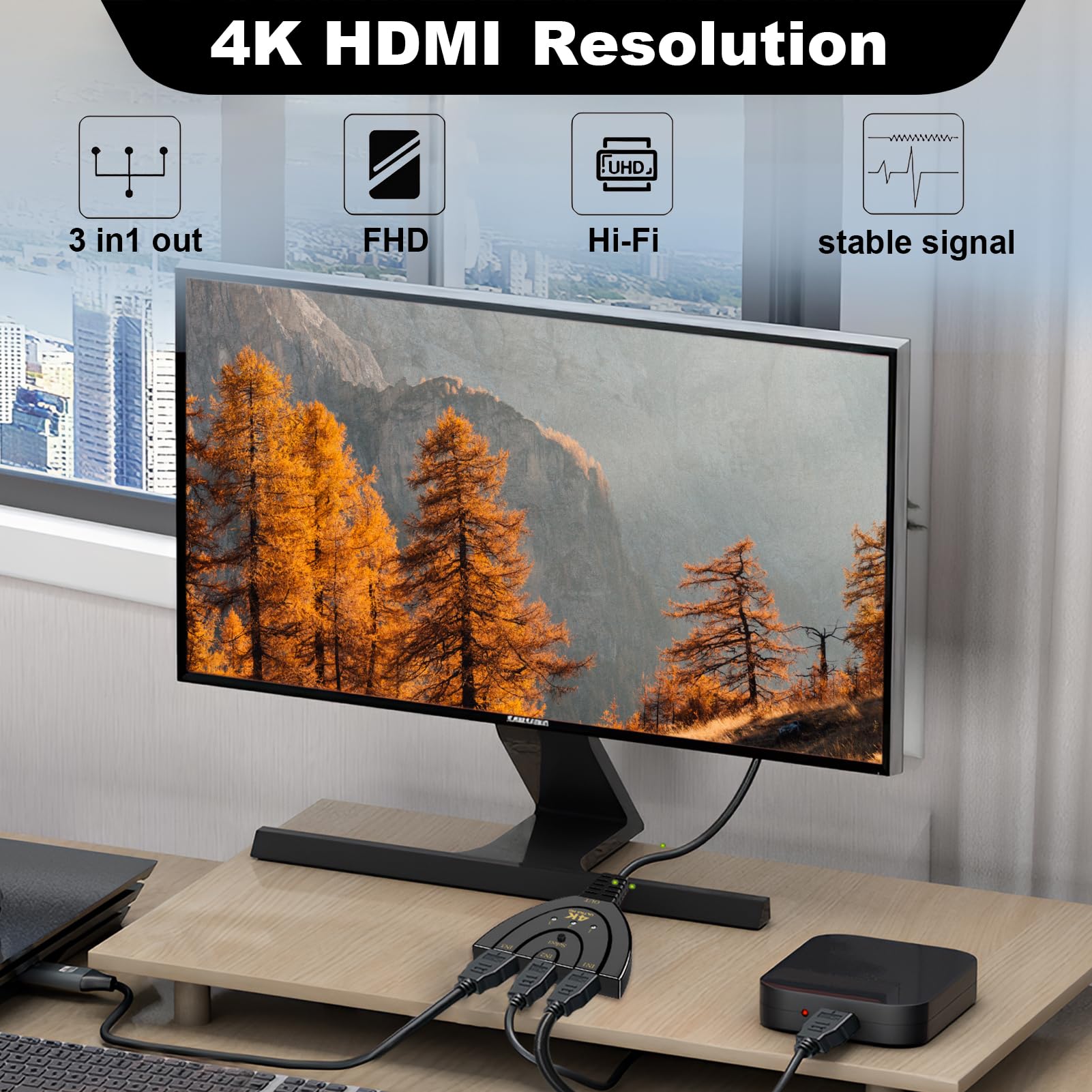 Multiprise HDMI Switch 4K 3 Entrée 1 Sorties, Commutateur HDMI 4K avec Câble, Commutateur UHD 3D HDR pour TV PC Games Consoles Projecteur TV Stick