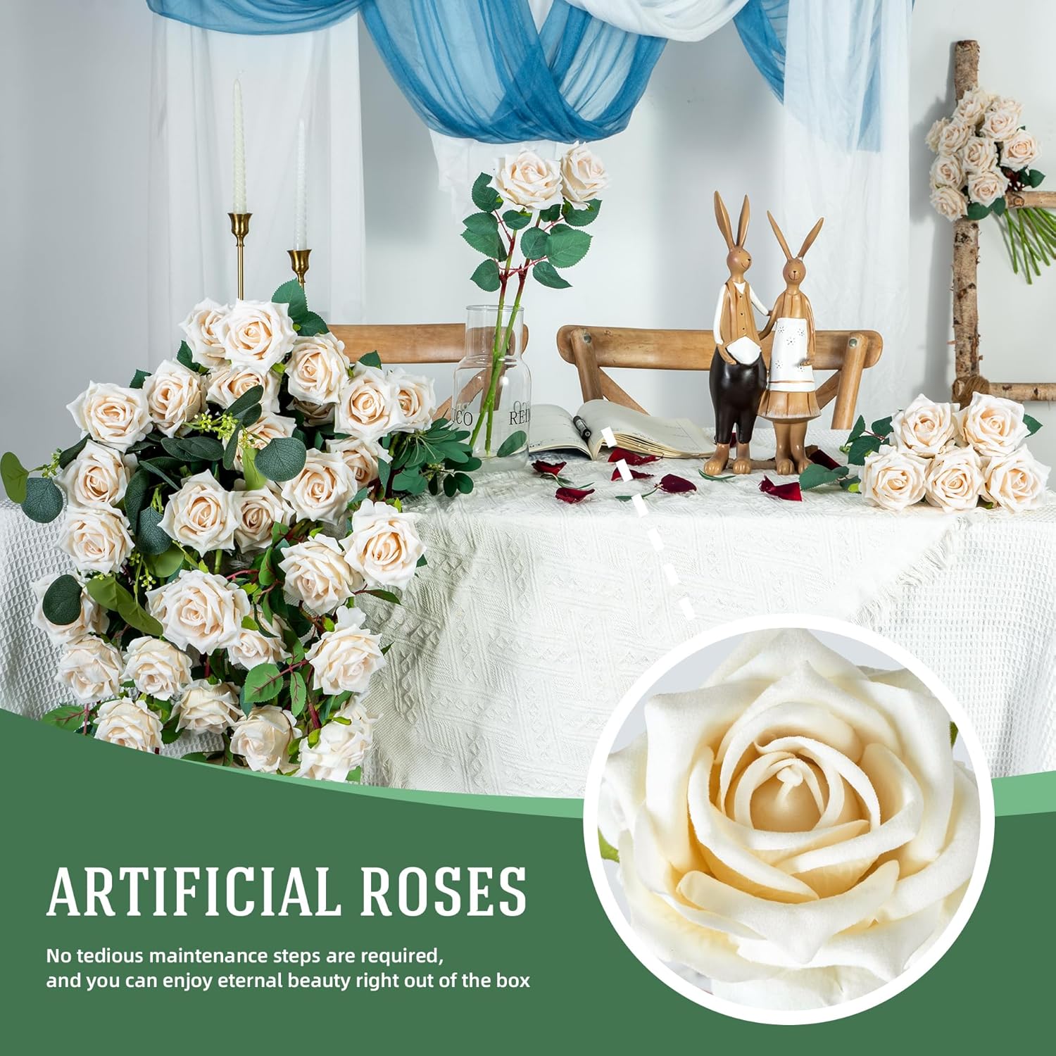 Fake Roses Faux Flowers 24PCS Silk Roses Artificial Roses with Stems Realistic Artificial Flowers Suitable for Indoor Home Decoration DIY Bouquet Wedding Decor Party Decor 16.5In (White) - Image 4