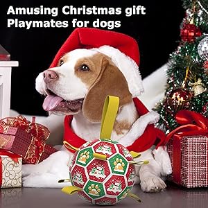 QDAN Christmas Dog Toys: Dog Soccer Ball with Straps for Outdoor Play, Tug of War, Puppy Gifts Durable 8-Inch Dog Balls for Medium Large Dogs