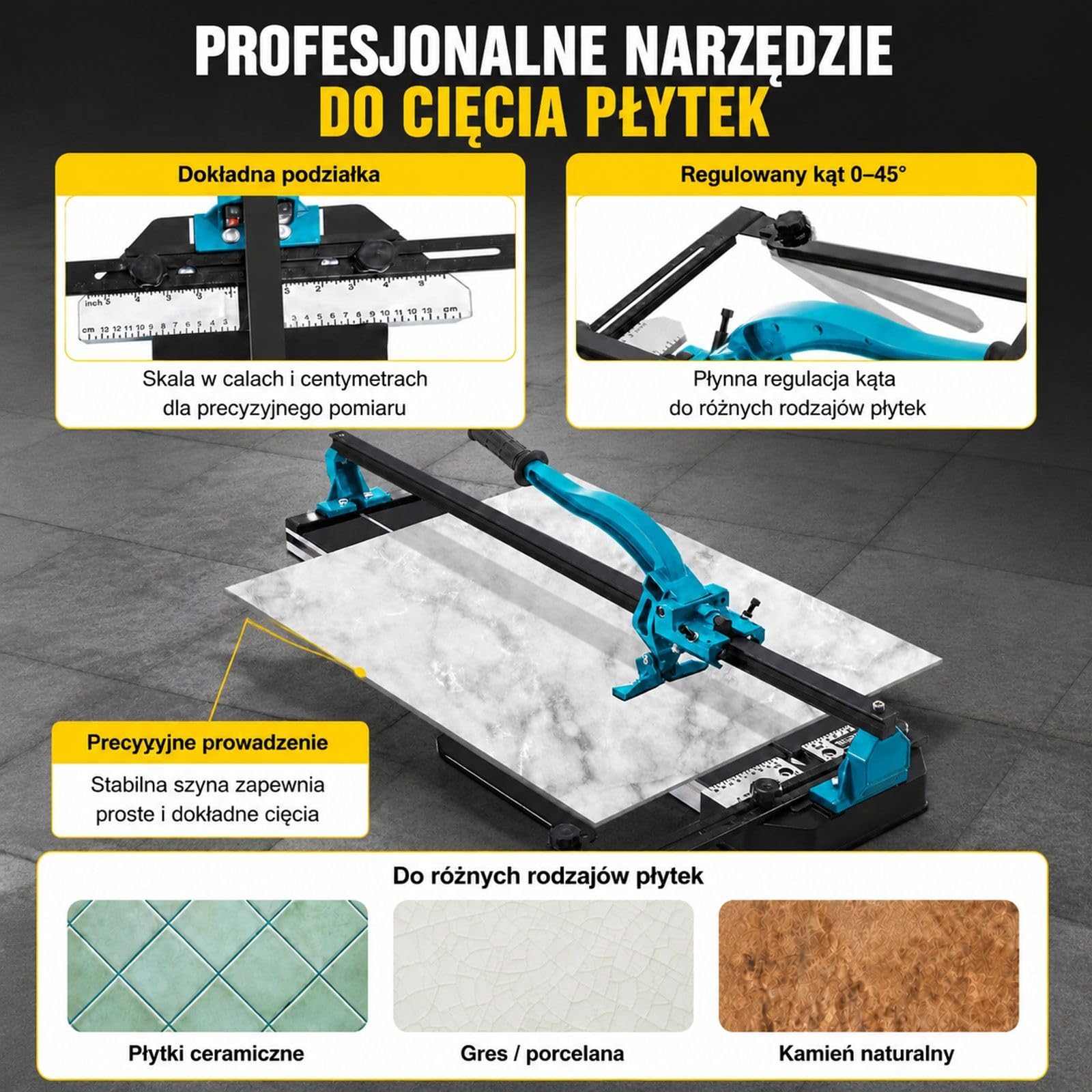 Ręczna przecinarka do płytek z aluminium, dwutorową szyną prowadzącą, pozycjonowaniem laserowym, antypoślizgowym uchwytem i regulowaną skalą do płytek ceramicznych i podłogowych