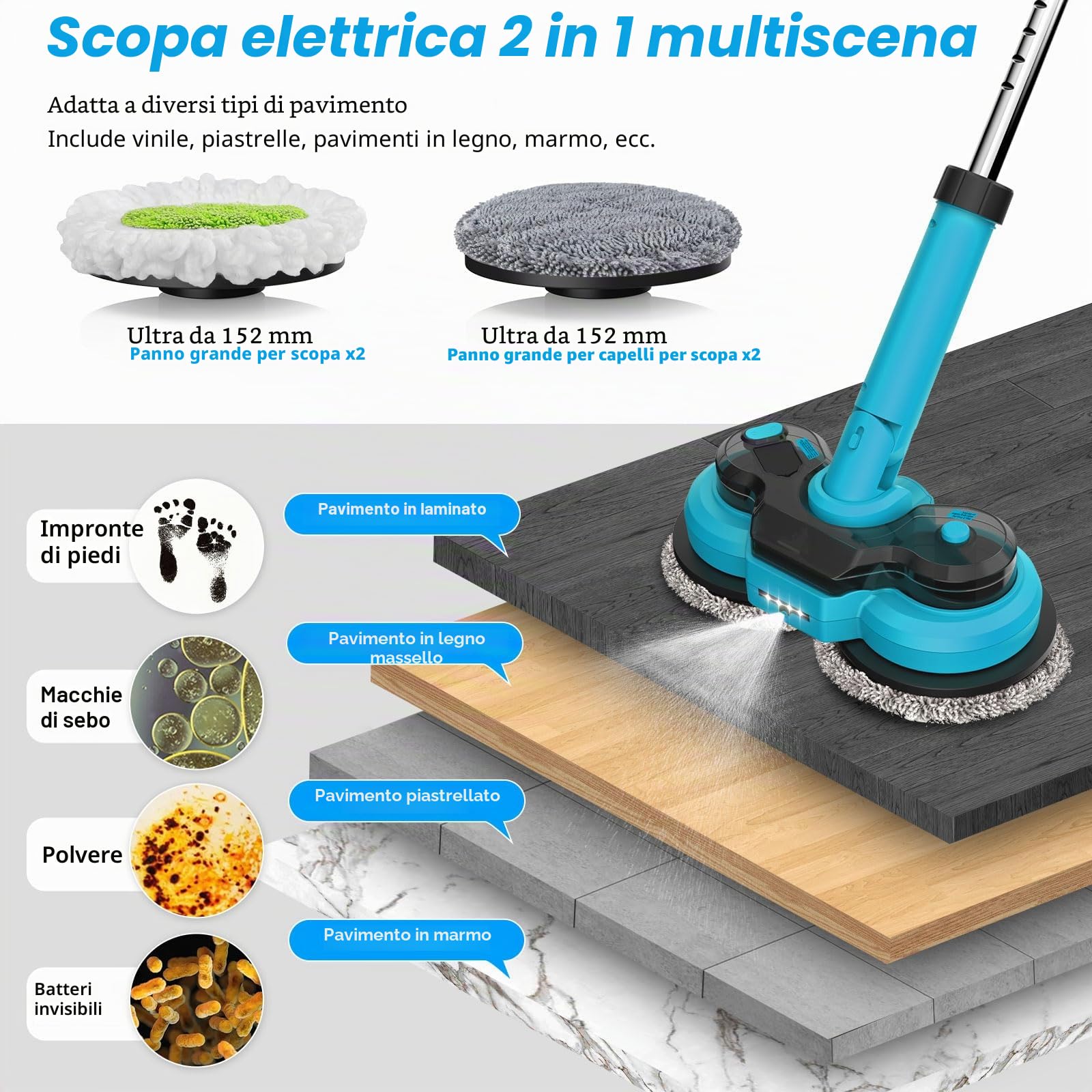 Mocio Elettrico Senza Fili con 2 batterie da 2000 mAh, Lavapavimenti Elettrico con Faro LED, 300 ML Serbatoio, lavapavimenti Mocio Lavapavimenti per Pavimenti in Legno Duro, Piastrelle e Laminato