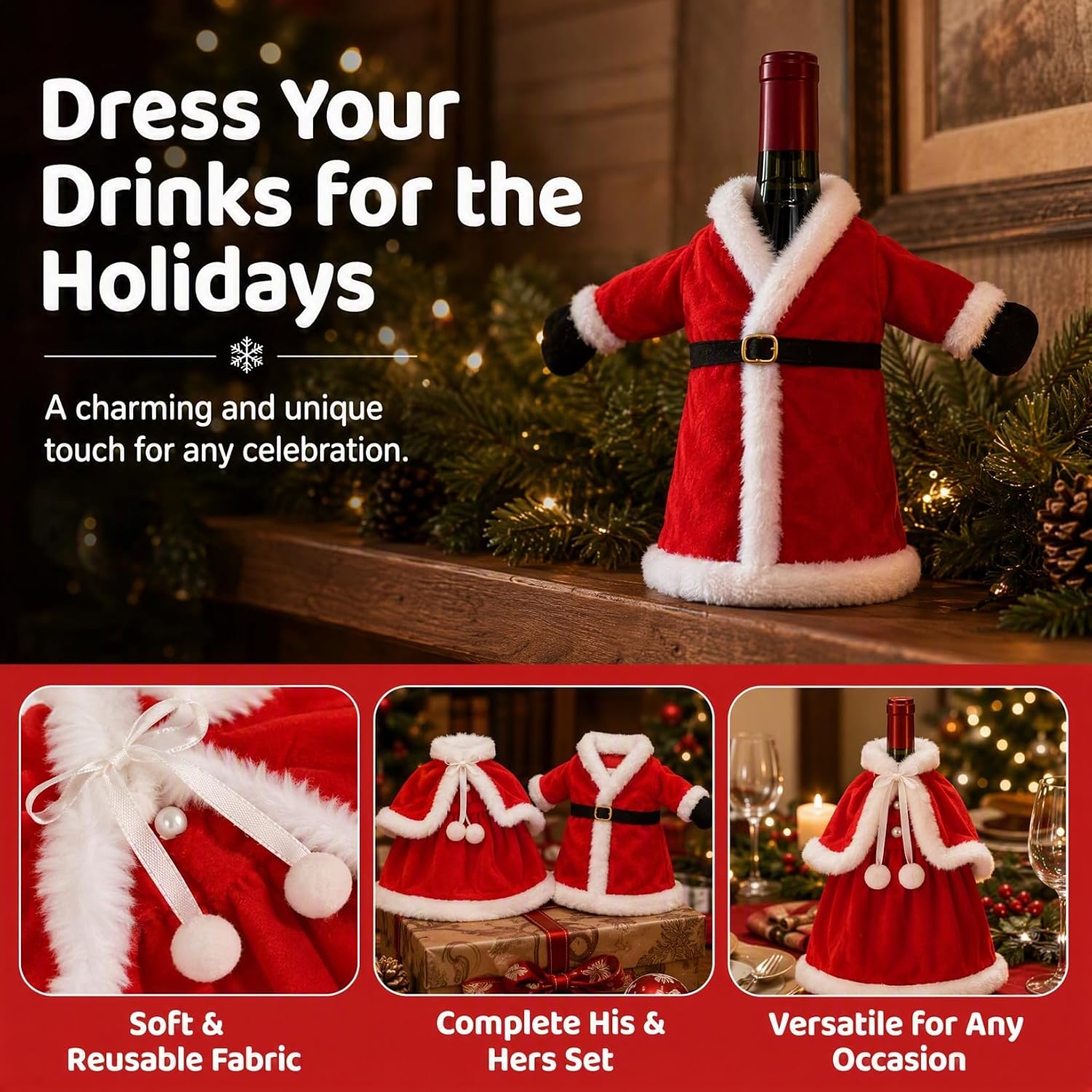 Housoutil Christmas Dress Wine Bottle Covers, 2pcs Decorative Formal Wine Skirt Dress Accessories for Holiday Parties, Family Gatherings, Birthday Events