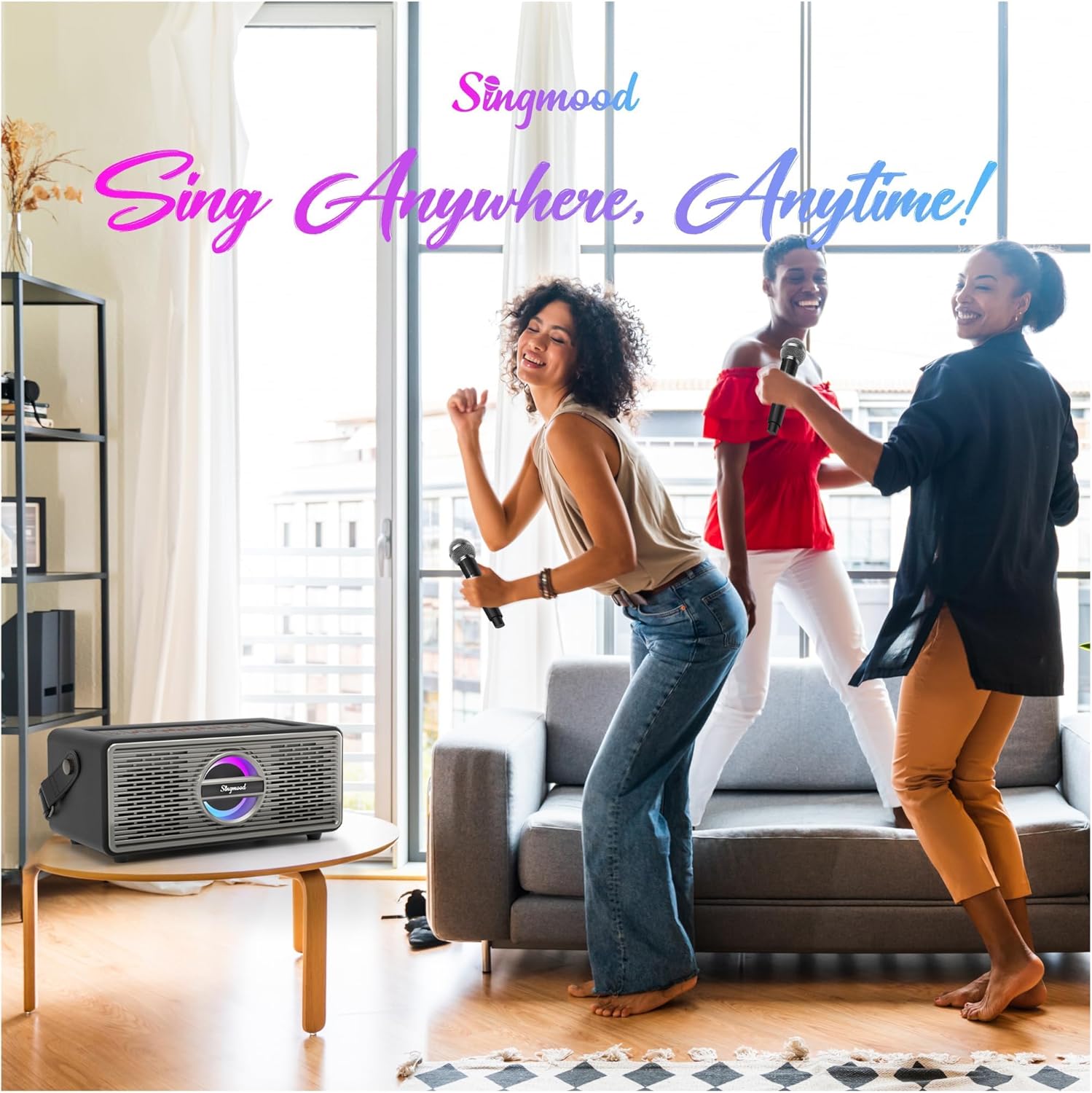 Karaoke Machine with 2 UHF Mic Subwoofer Home Theater Audio Sound Bar Support Optical/Bluetooth/AUX/USB/PC Wooden Karaoke Singing Machine for TV, Home, Karaoke, Singing Party, Christmas (S-330)