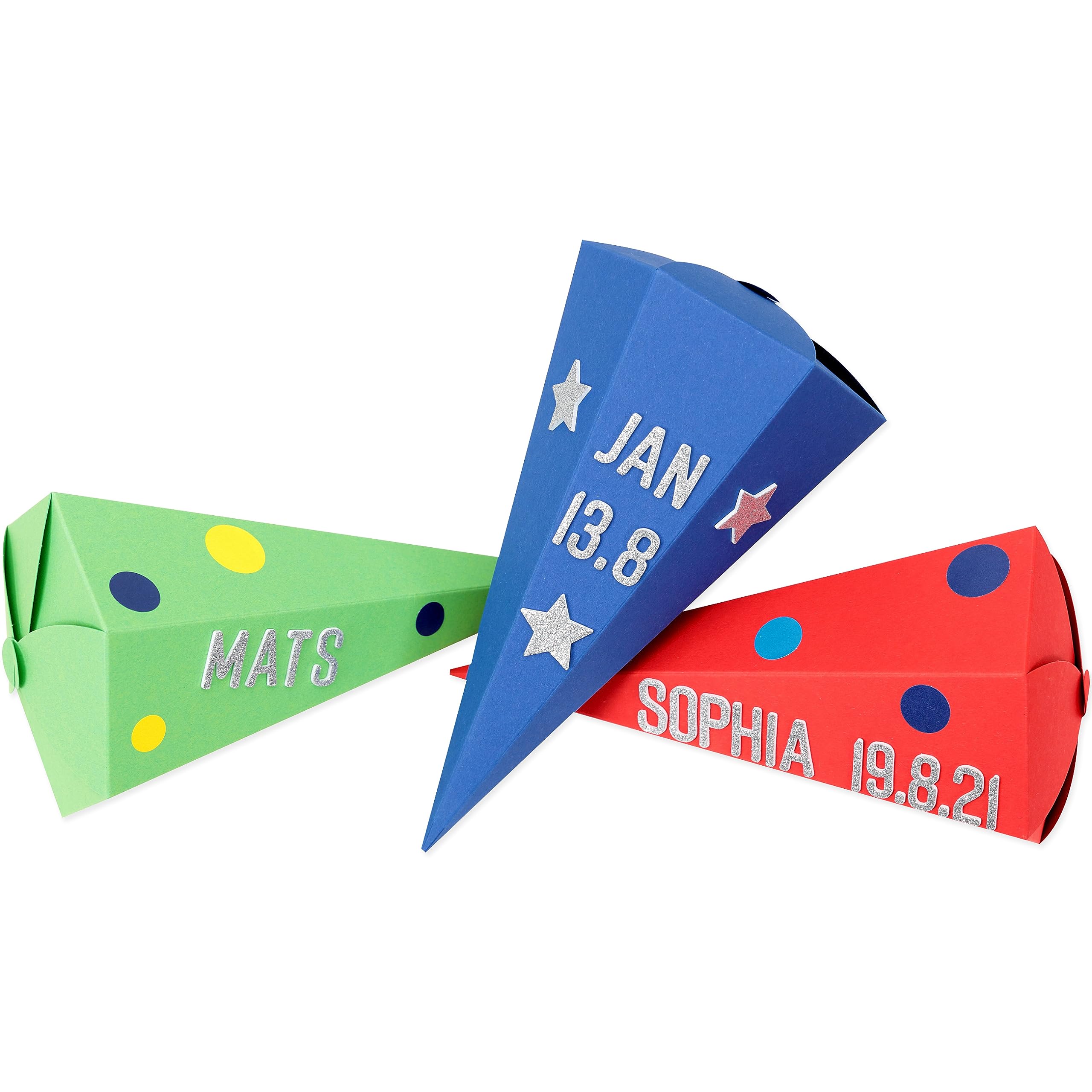 Papierdrachen 3 Geschwistertüten - Schultüte zur Einschulung - kleine Zuckertüte für Schwester und Bruder - Blau, Grün & Rot - inkl. dekorativen Moosgummi Aufklebern