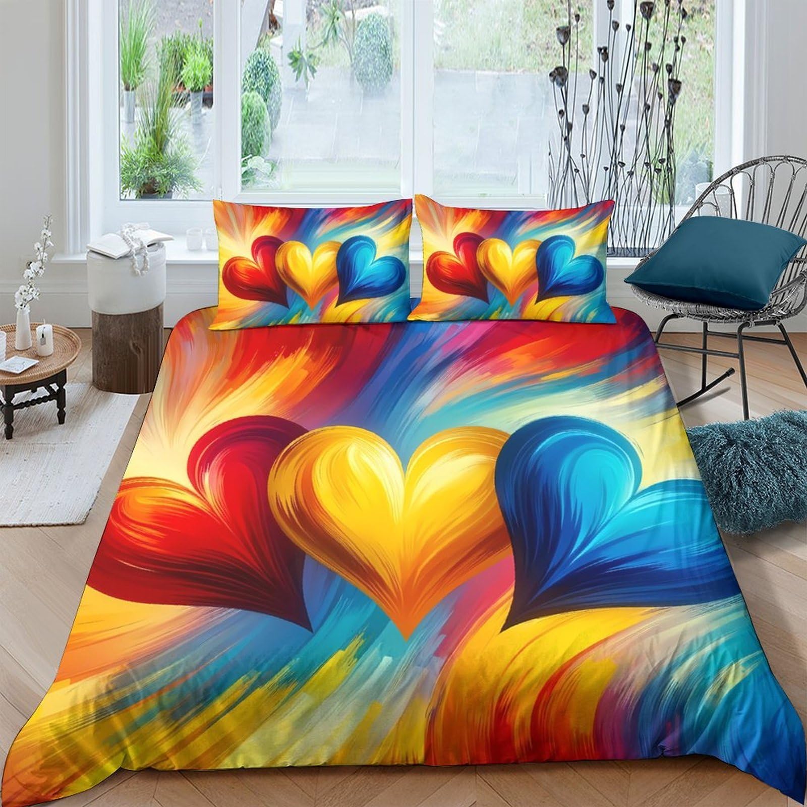 Ctjqhvkz Style-7 3D Printed Colorful Heart Pattern Fitted Sheet Microfiber Soft Anti-Slip Bed Cover For Bedroom Guestroom Dorm Decor Single（135X200cm）