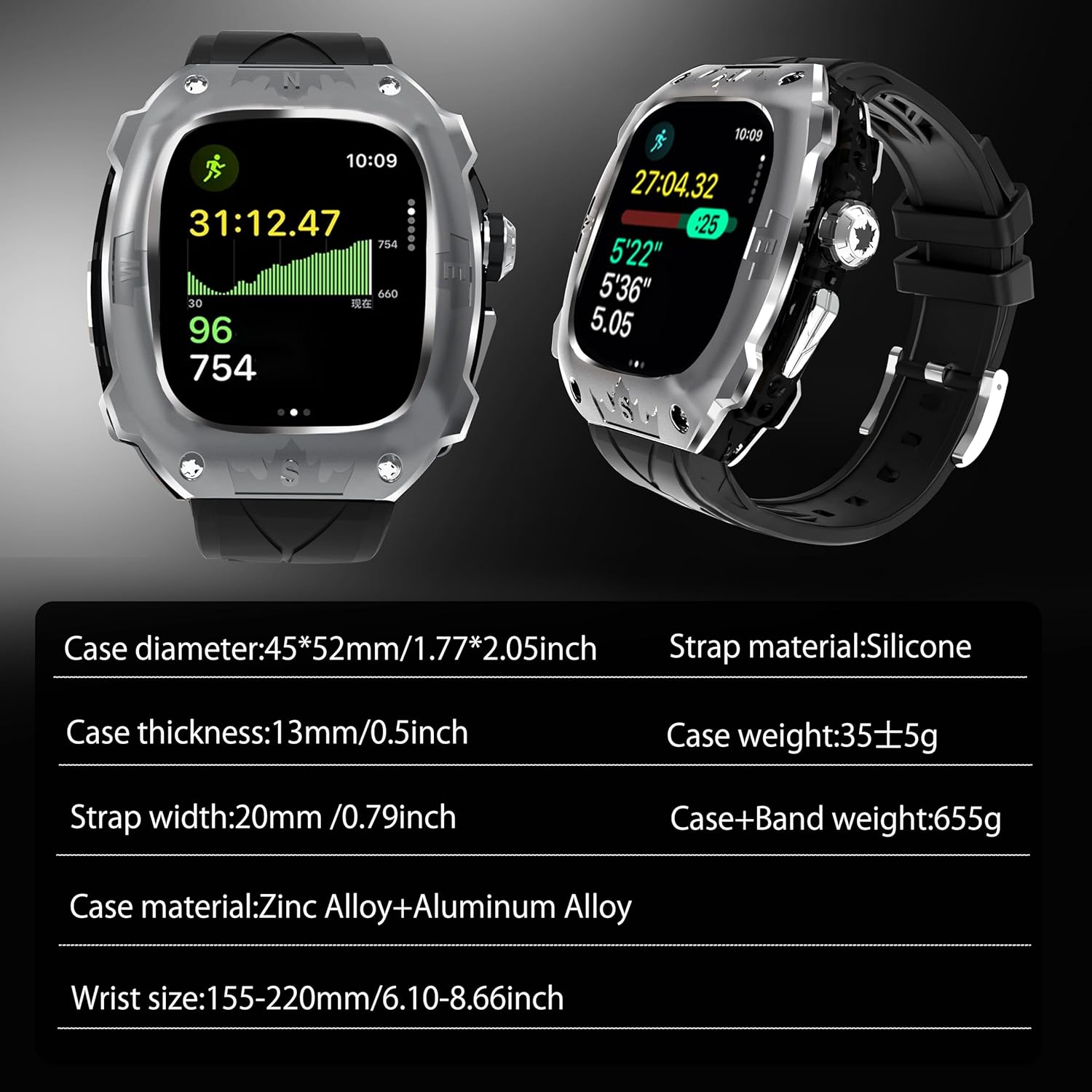 Rugged Metal Case with Silicone Band for Apple Watch Ultra 2/1 49mm, Shockproof Protective Cover with Strap Compatible with iWatch Ultra 2/1 49mm for Men (Silver)