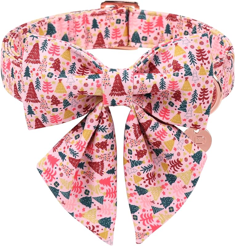 Coleira de Natal para Cães com Laço, Pingente de Árvore e Estampa Rosa UP URARA PUP XS
