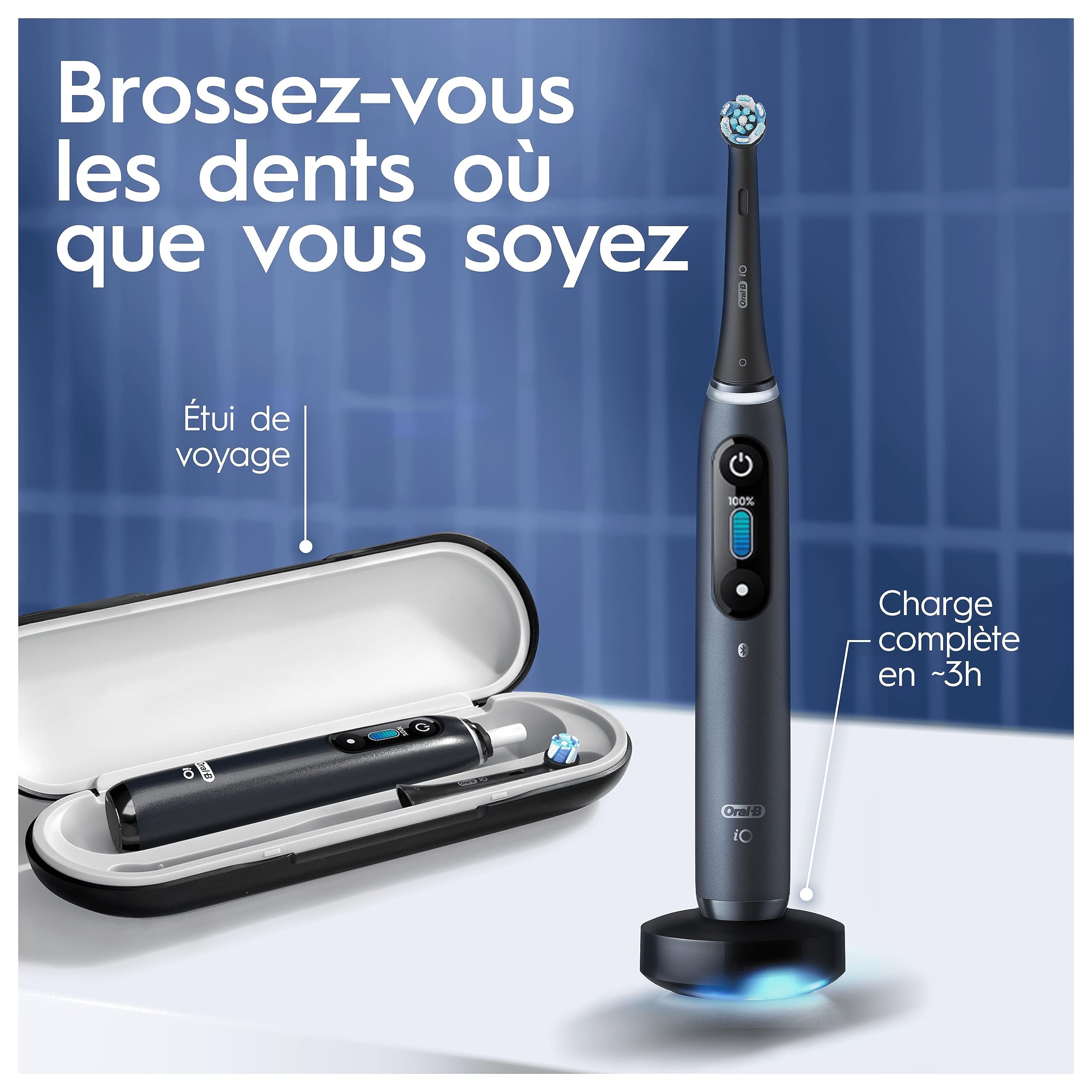 Oral-B iO 8 Brosse À Dents Électrique Noire, Un Capteur De Pression Pour Protéger Les Gencives Sensibles, Des Accessoires, 2 Brossettes De Rechange, 1 Chargeur, 1 Étui De Voyage, Emballage En Carton