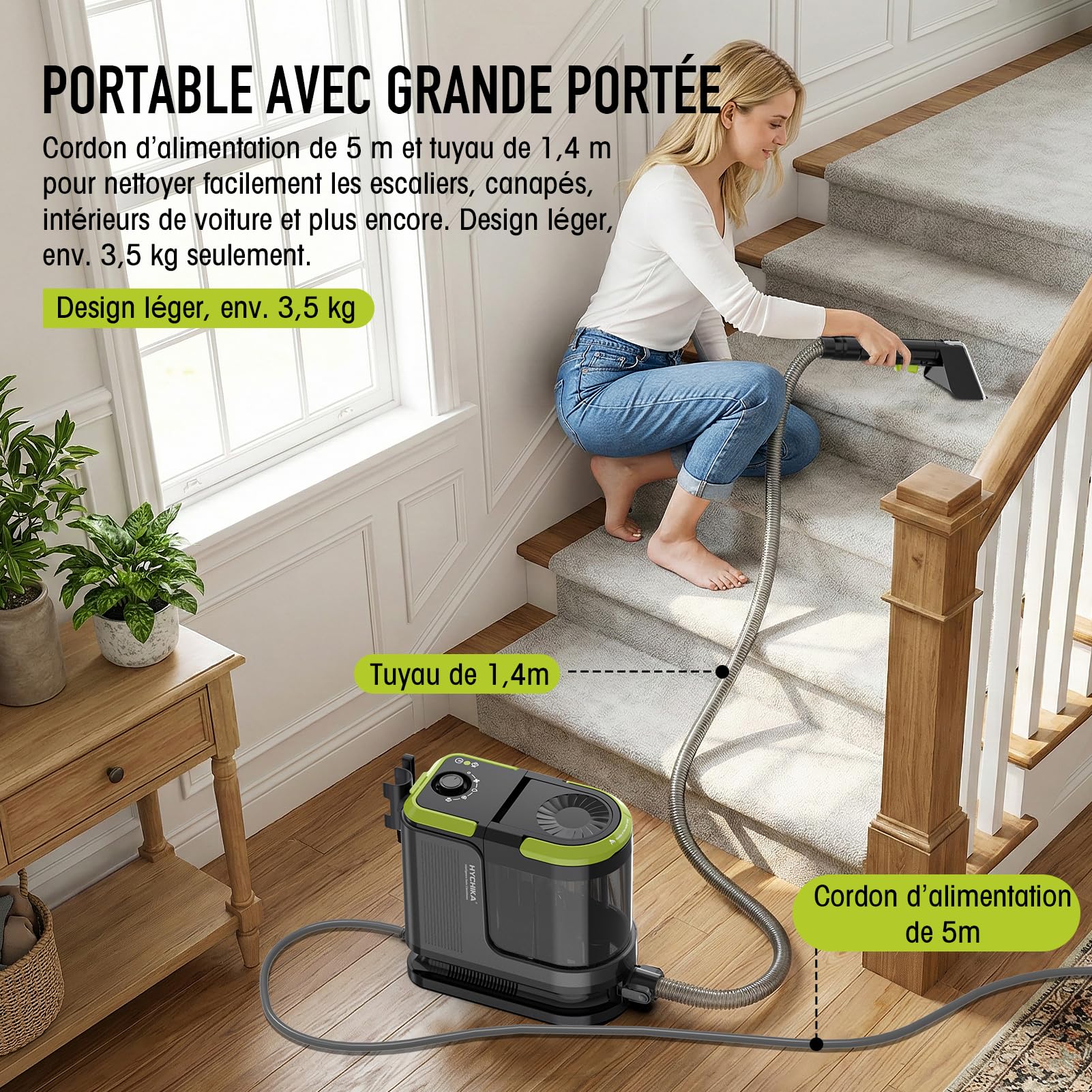 HYCHIKA Shampouineuse Canapé, Nettoyeur Canapé Tissu 1800W, 17 kPa Injecteur Extracteur Portable, avec Double Réservoir et Auto-Nettoyage, pour Tapis/Coussins/Sièges Auto, Familles Animaux