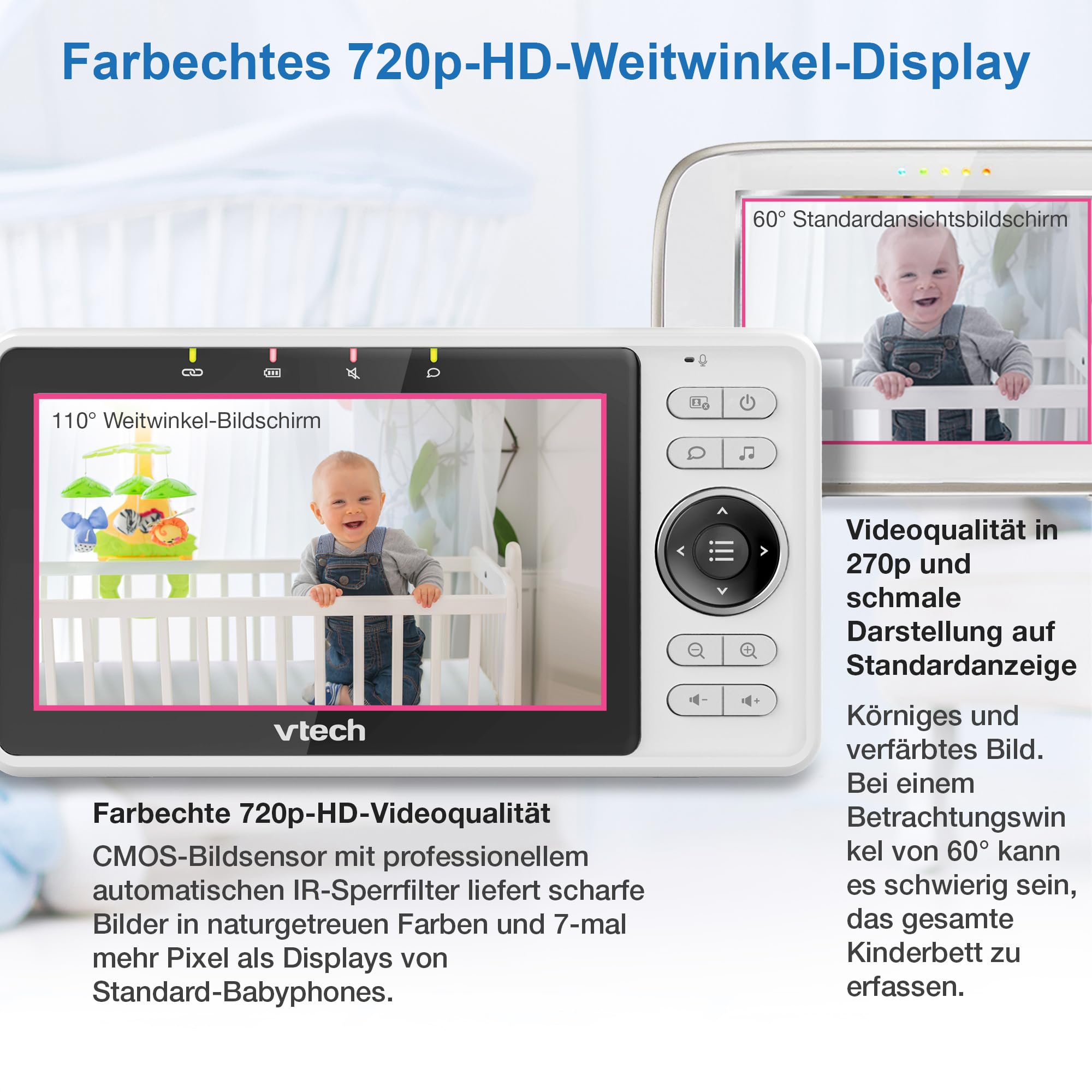 VTech Babyphone Camera 5 inch Baby Camera 1080p, 120° Wide Angle View, Night Vision, Remote Pan-Tilt Zoom, Two-Way Talk, Works with iOS and Android, WiFi, VM901-1W