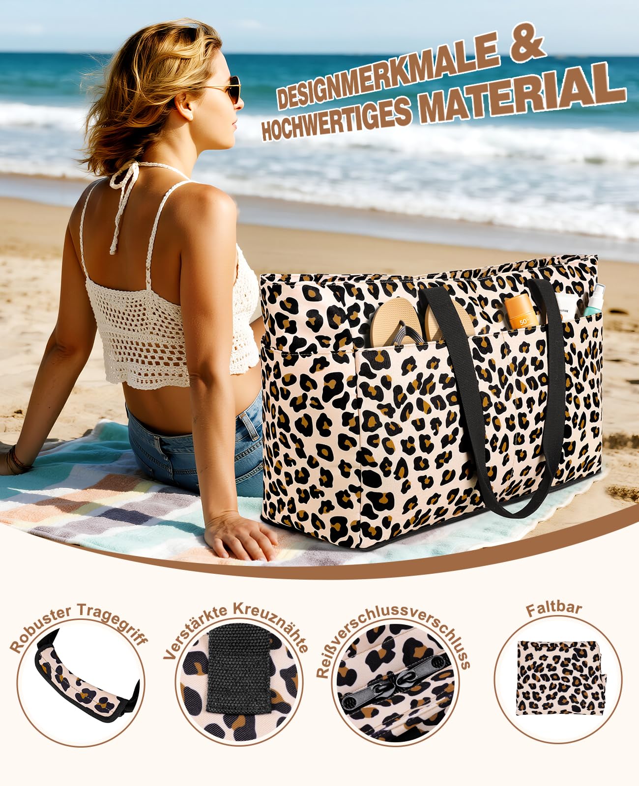 ISEYOU Strandtasche XXL Familie mit Kühltasche, Wasserdicht Sanddicht, 49L, Faltbar
