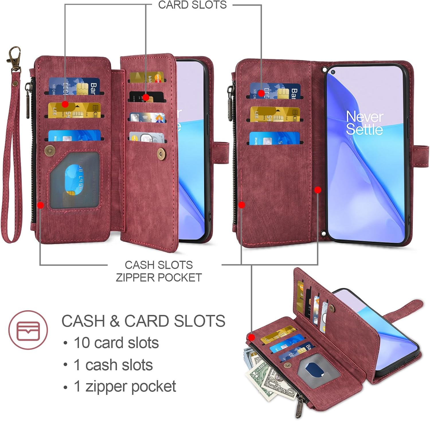 Asuwish Phone Case for OnePlus 9 OnePlus9 5G Wallet Cover and Tempered Glass Screen Protector Leather Flip Card Holder Stand Cell Accessories One Plus9 On 1 Plus 1plus One+ 1+ 1+9 Nine Women Men Red