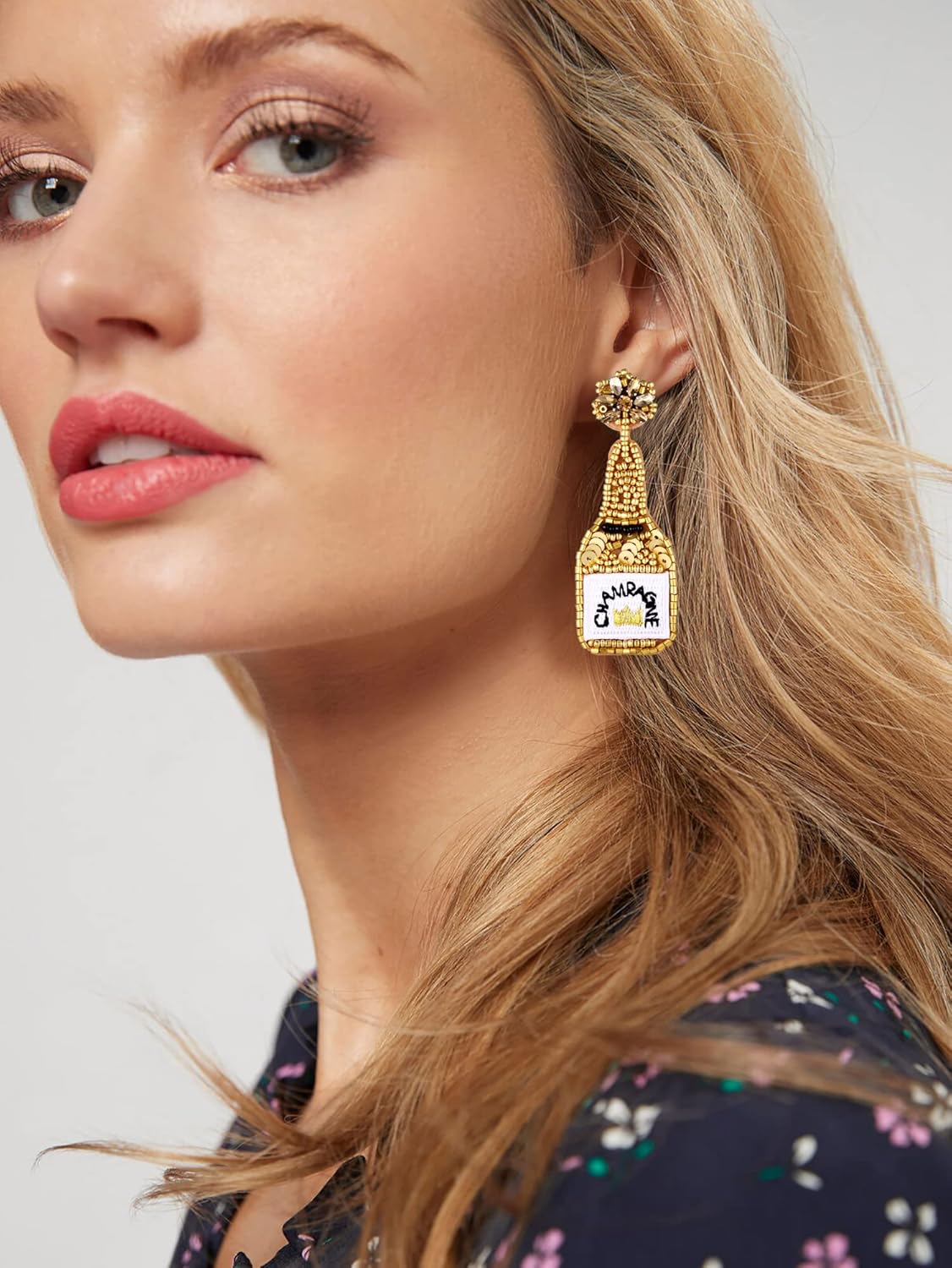 Beaded Champagne Bottle Earrings for Women Handmade Bead Champagne Drop Dangle Earring Statement Earring Studs for Birthday Holiday Parties Gifts - Image 2