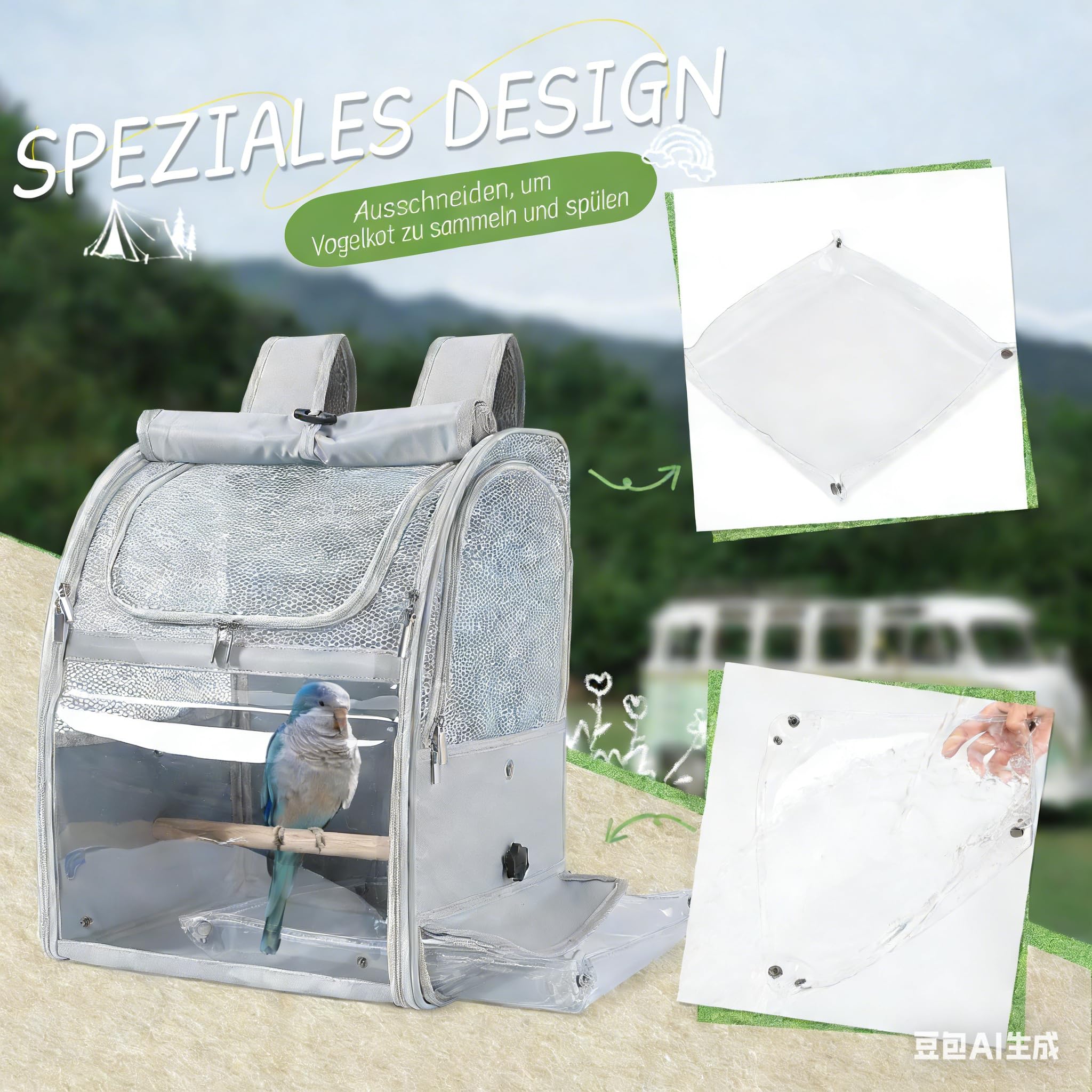 Mochila de transporte para periquitos y loros, resistente al agua, con 2 perchas y bandeja, jaula de viaje transpirable para cacatúas, ligera, 33,5 x 29 x 43 cm
