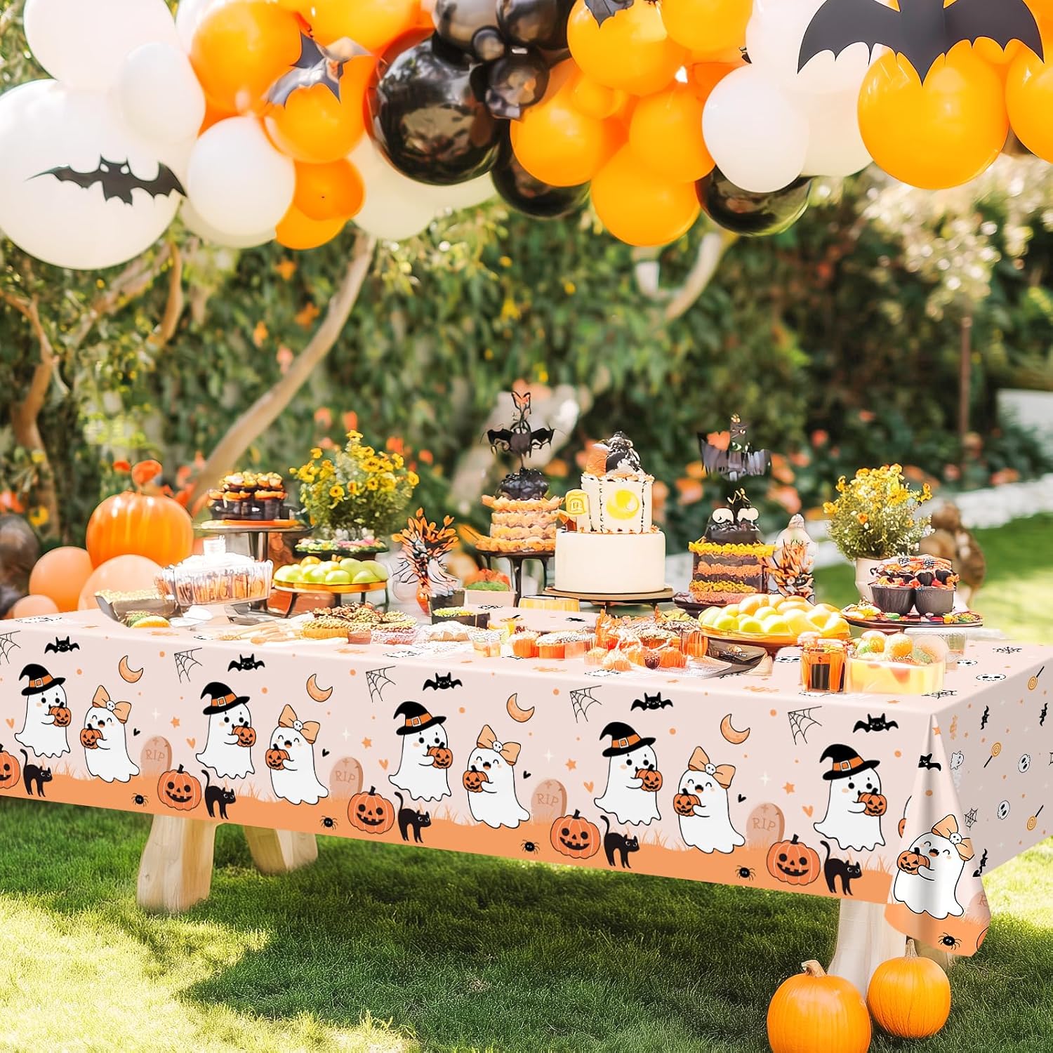 Avezano 3 Pcs Orange Halloween Tablecloth Cute Little Boo Table Cloths Ghost Table Covers for Halloween Birthday Baby Shower Decorations 108 x 54 Inch