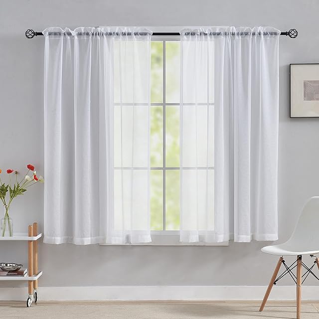 Home Brilliant Sheer Curtains, Net Curtains for Windows 45 Drop, White Short Woven Voile Net Curtains for Kitcken Window Treatment, Set of 2, 54 x 45 inches