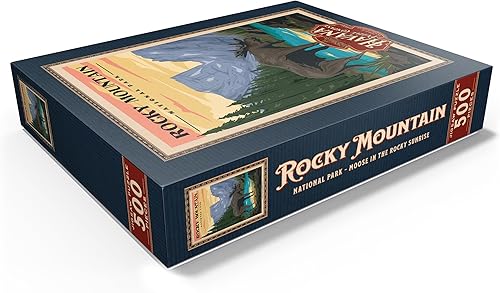 Miniatura 3 de MyPuzzle Rocky Mountain National Park - Alce en el amanecer rocoso, póster de viaje vintage, rompecabezas prémium de 500 piezas para adultos