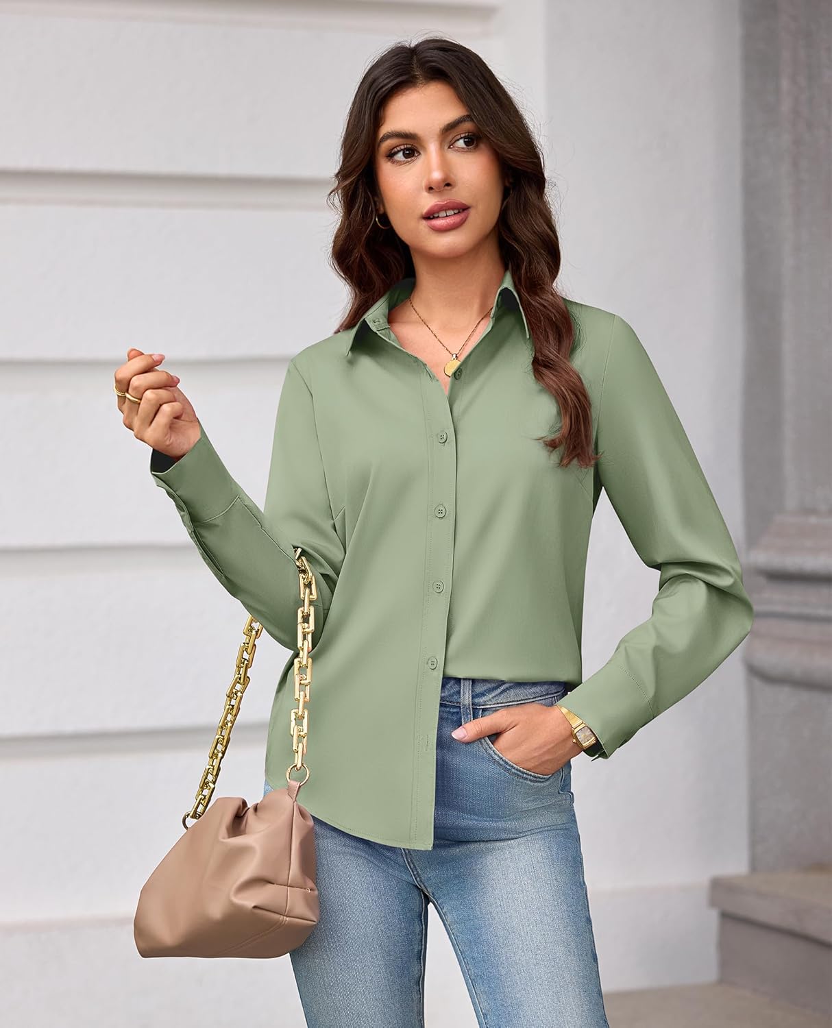 siliteelon Button Down Dress Shirts for Women Long Sleeve Wrinkle Free Shirts Solid Work Business Formal Button Up Shirt - Image 3