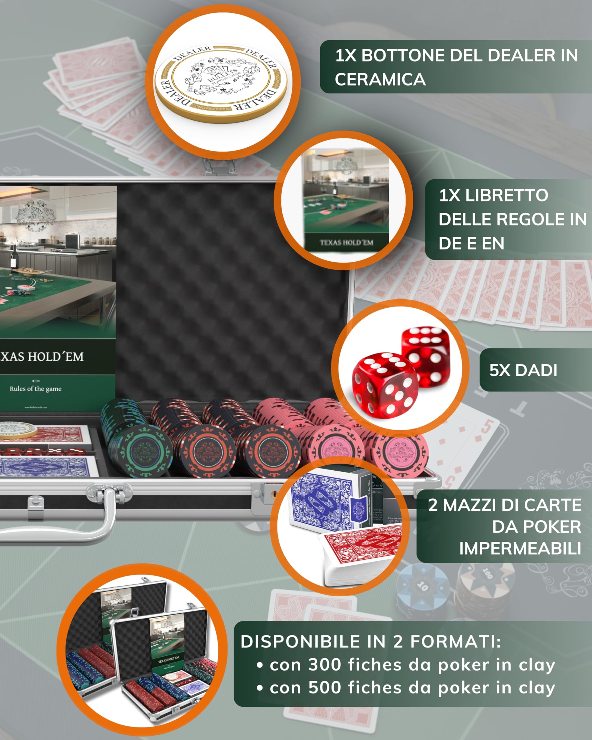 Bullets Playing Cards, Set da poker Corrado Deluxe da poker con 500 chip da poker Clay senza valori, istruzioni poker, pulsante dealer e Bullets in plastica carte da poker