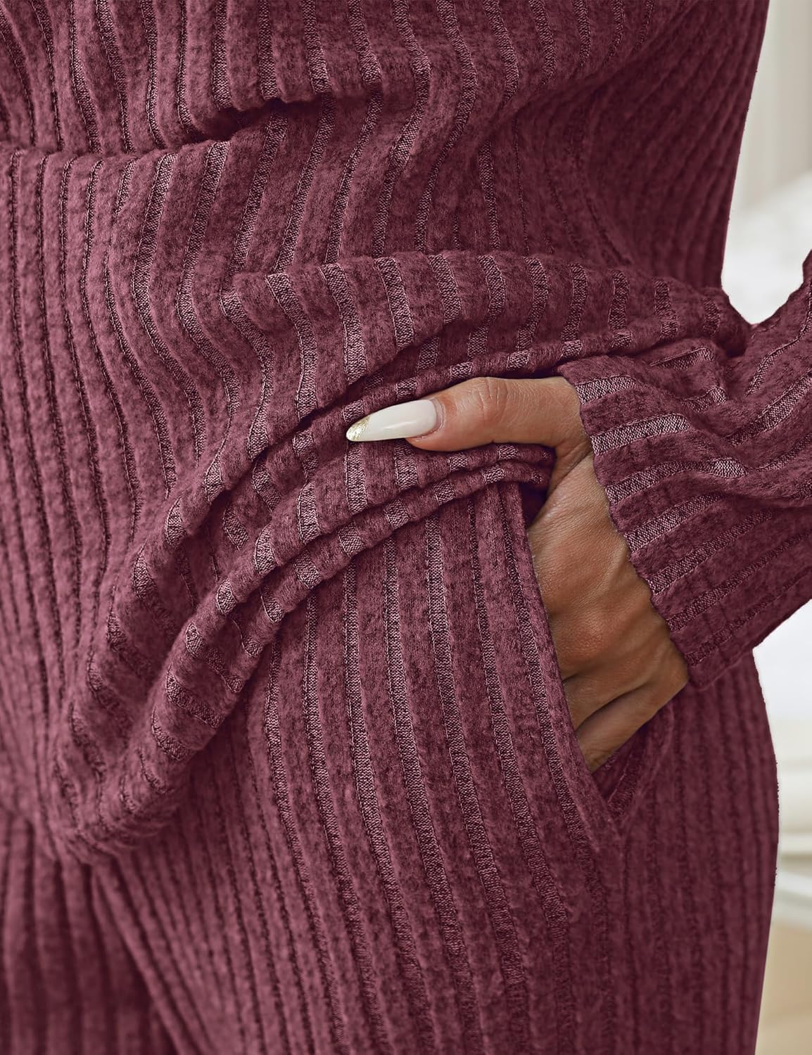 Women's Ribbed Knit Pajama Set Long Sleeve 2 Piece Loungewear Outfits Soft Pj Clothing Set with Pockets - Image 2