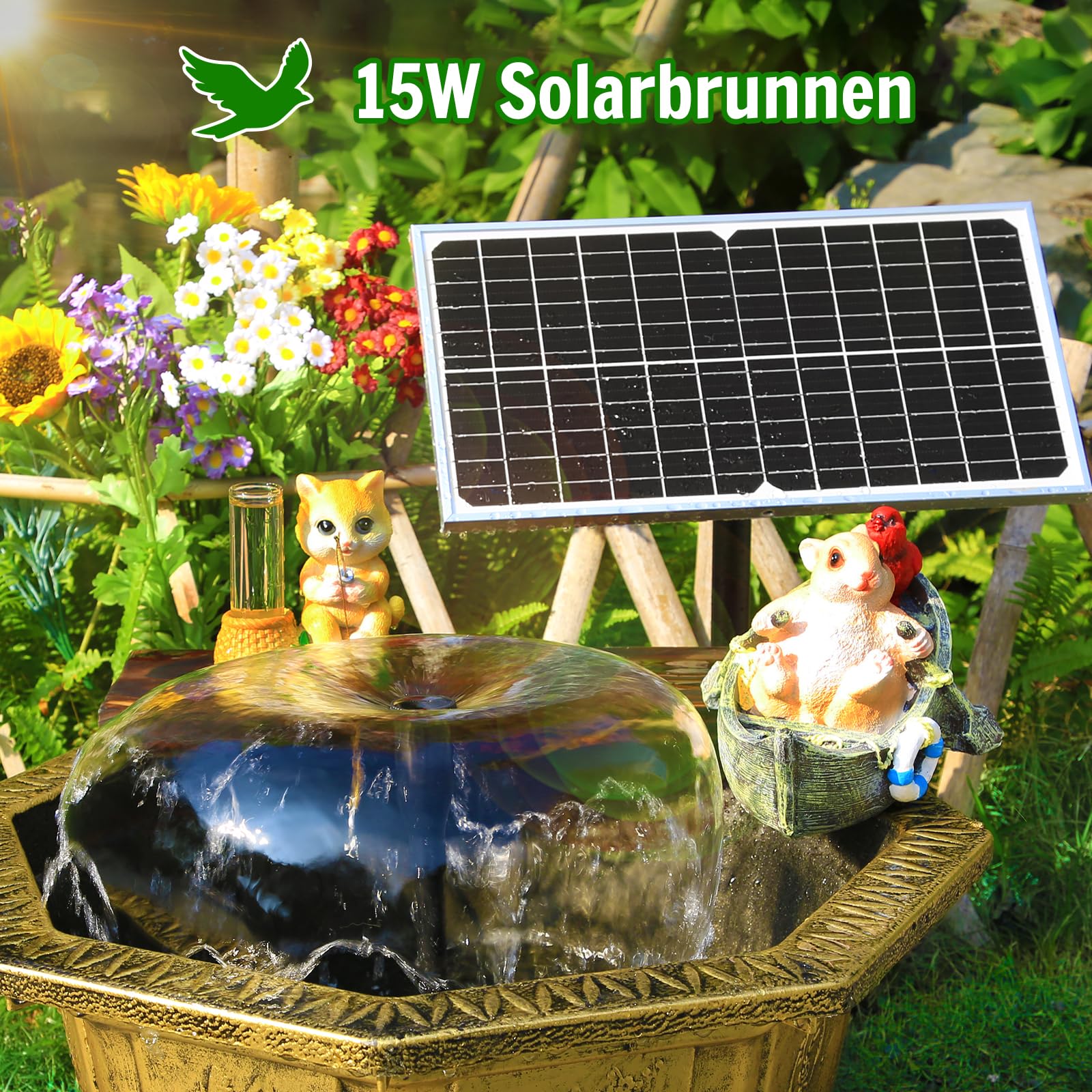 AMZtime 15W Solarbrunnen für Draussen, Solar Teichpumpe mit 6 Sprüh Effekten, Solar Fontäne Pumpe für Garten