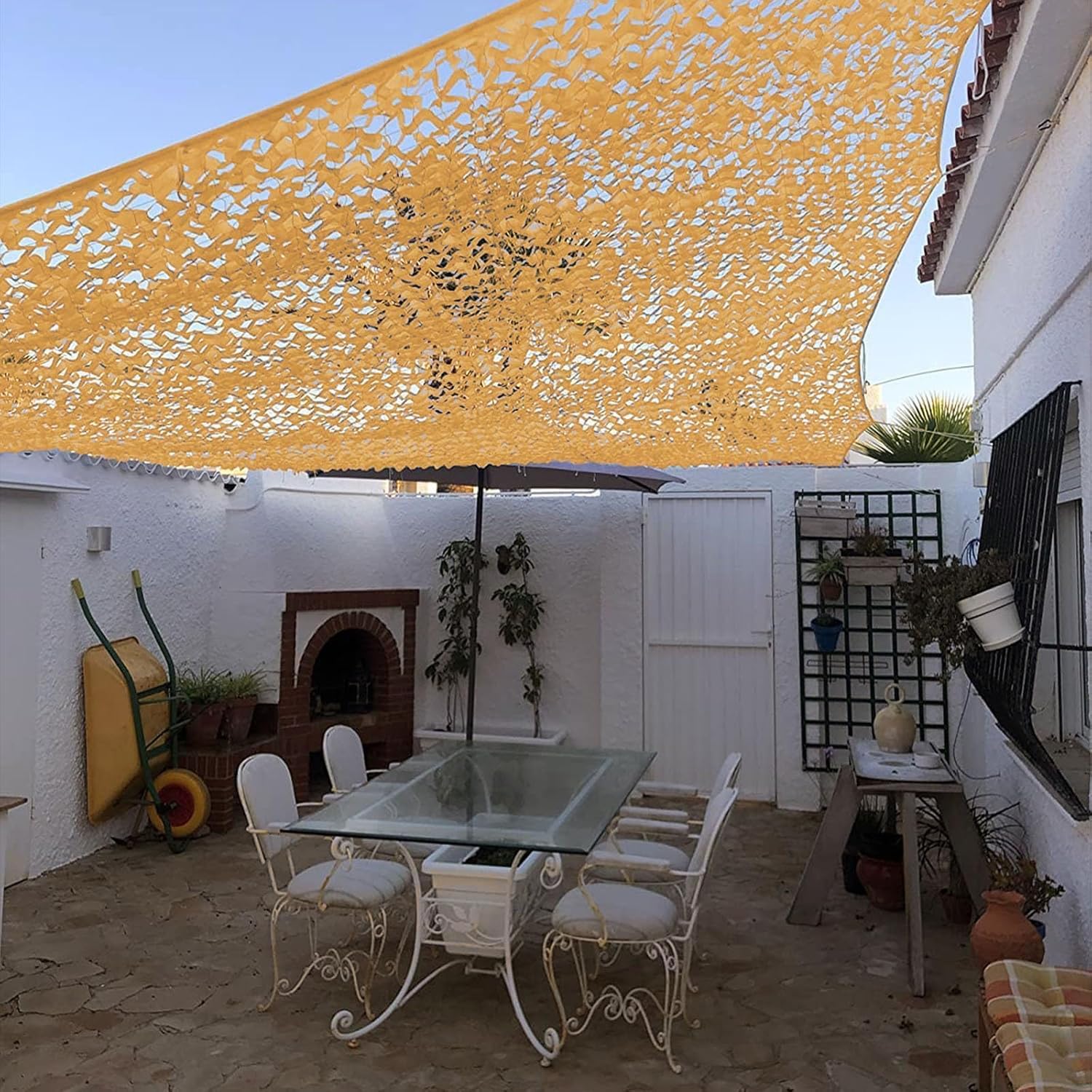 Tarnnetz Camouflage Net 4x5m Tarnnetz Beige Gartenmarkisen Verstärkte Militärmarkise Caravan for Gewächshauspflanze Pergola Feuerfeste Zelte
