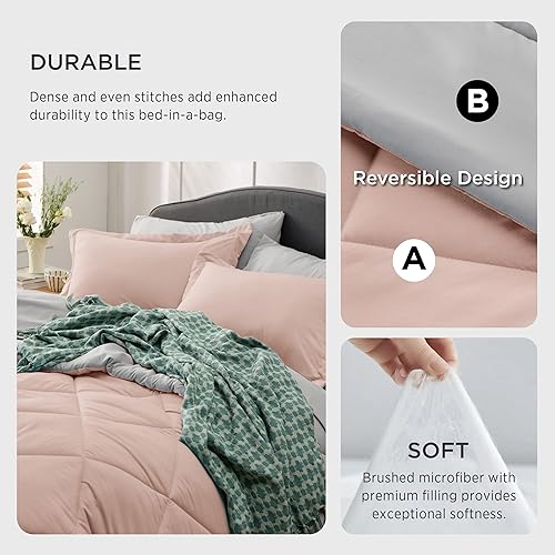 Miniatura 3 de Bedsure Juego de edredón, matrimonial, reversible, de 7 piezas, en una bolsa, con edredón, sábanas, fundas de almohada y fundas, rubor rosa
