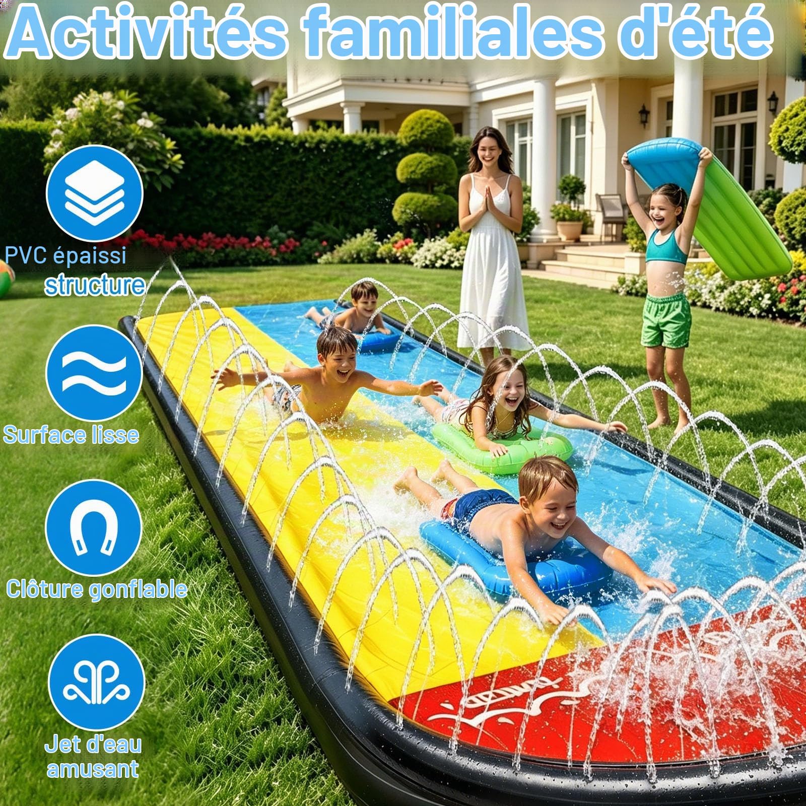Jeux Piscine, Piscine Enfant, 2 Bodyboards, Aquaplay, Toboggan Gonflable, Ventre Glisse, Tapis Glisse Eau, Jouets d'été, Jouets Aquatiques d'extérieur, été (Jaune-Bleu 3, 468 cm)