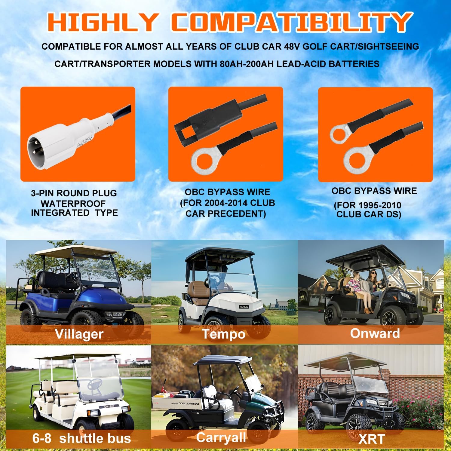 48Volt 15Amp Golf Cart Charger for Club Car DS/Precedent with Upgraded 3-Pin Round Plug &16Ft Cable, IP67 Waterproof Smart Trickle Battery Charger for 48V Lead-Acid Batteries