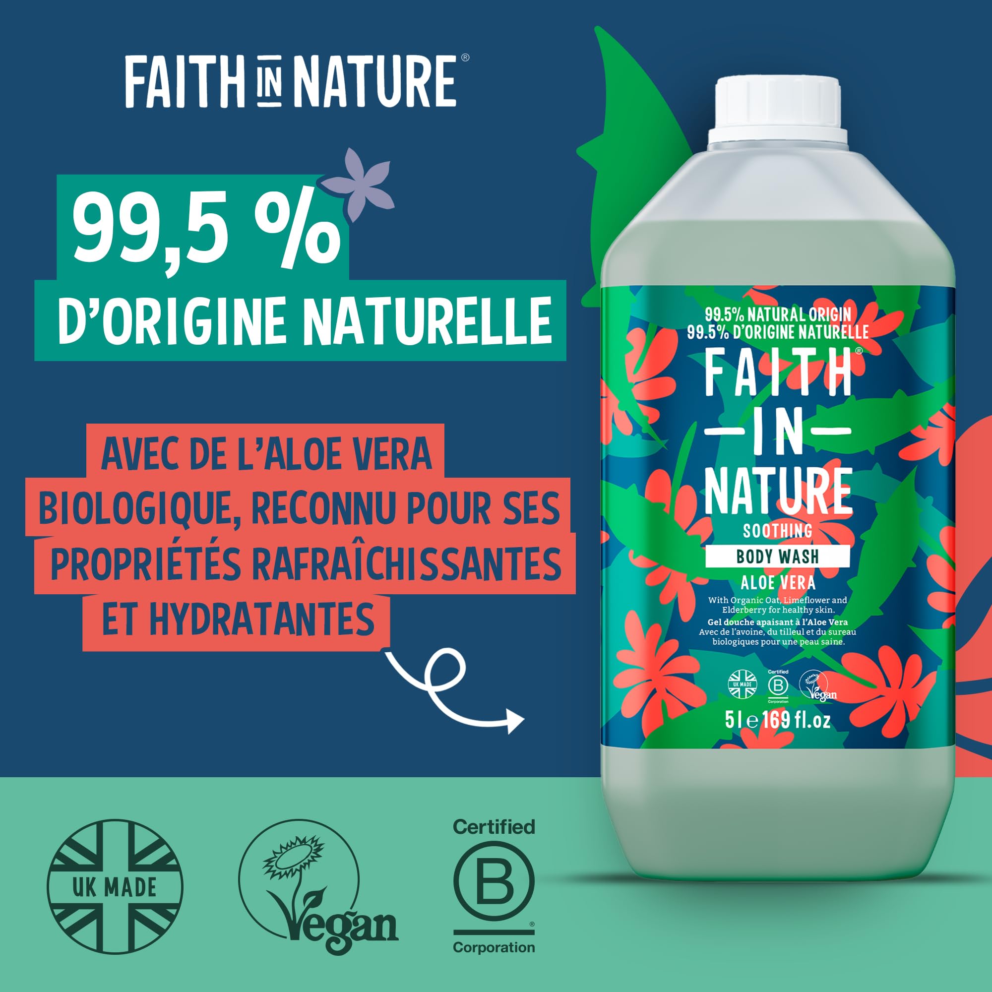 Faith In Nature Gel Douche Naturel à l’Aloe Vera, Apaisant, Végan et Non Testé sur les Animaux, Sans SLS ni Parabènes, Recharge 5 L