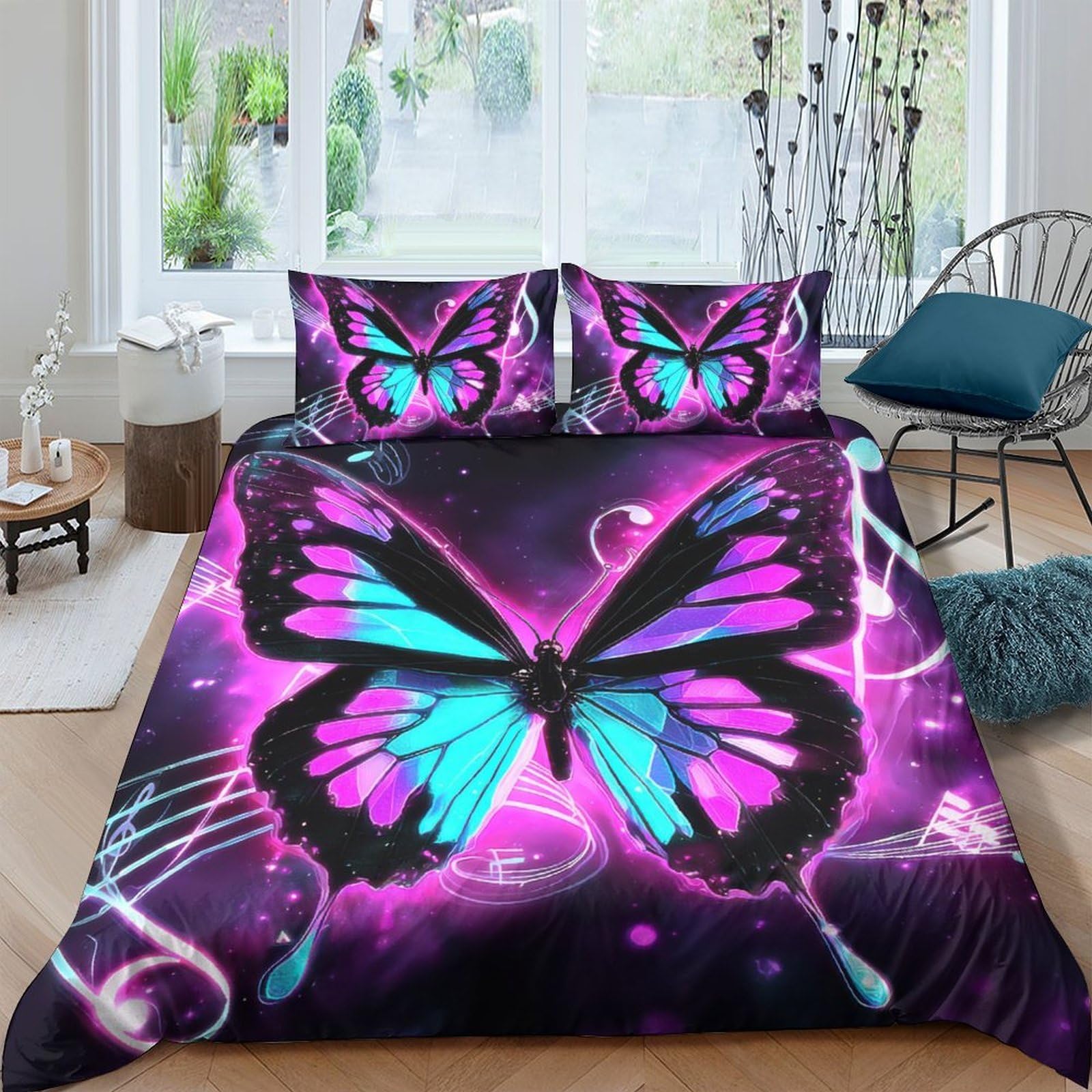 Ctjqhvkz Style-3 3D Printed Purple Butterfly Fitted Sheet Microfiber Soft Bedroom Decor Blue Artistic Mattress Cover Single（135X200cm）