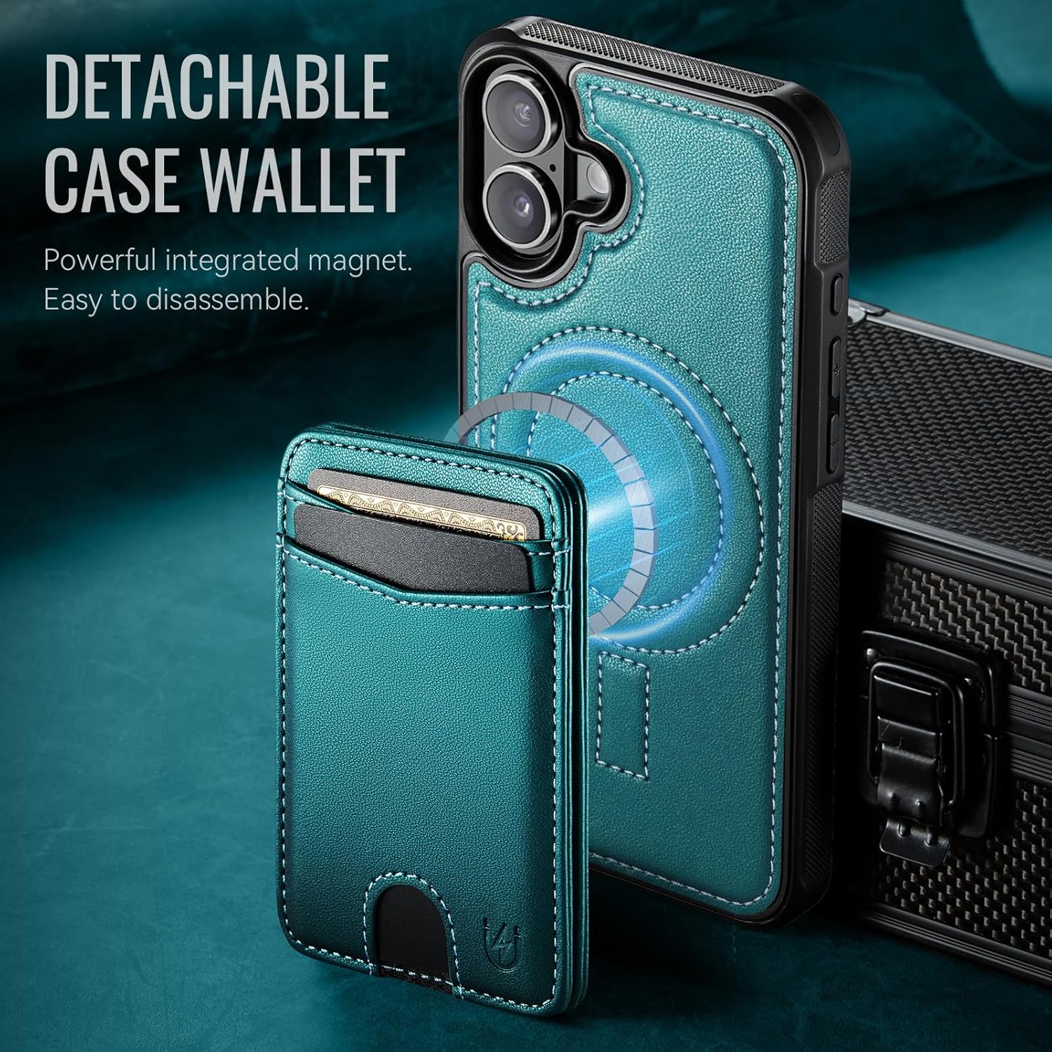 for iPhone 17 Wallet Case Compatible with Magsafe, Magnetic RFID Blocking Card Holder Kickstand 2 in 1 Detachable Case for iPhone 17 6.3", Bluish Green - Image 9
