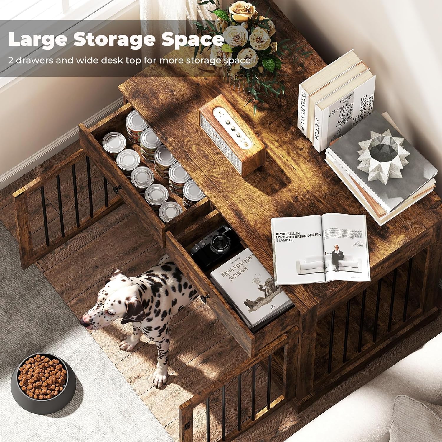 40" Dog Crate Furniture, Wooden Dog Kennel Furniture, Heavy-Duty Dog Crate End Table with Storage Drawers, Double Doors Decorative Pet Cage House Indoor for Small Medium Dog, Brown