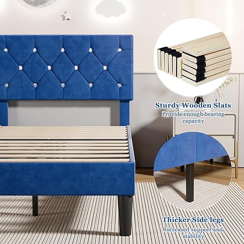 Miniatura 6 de VECELO Base de cama de tamaño individual, plataforma tapizada con cabecera ajustable de diamante, soporte de listones de madera, no necesita somier,