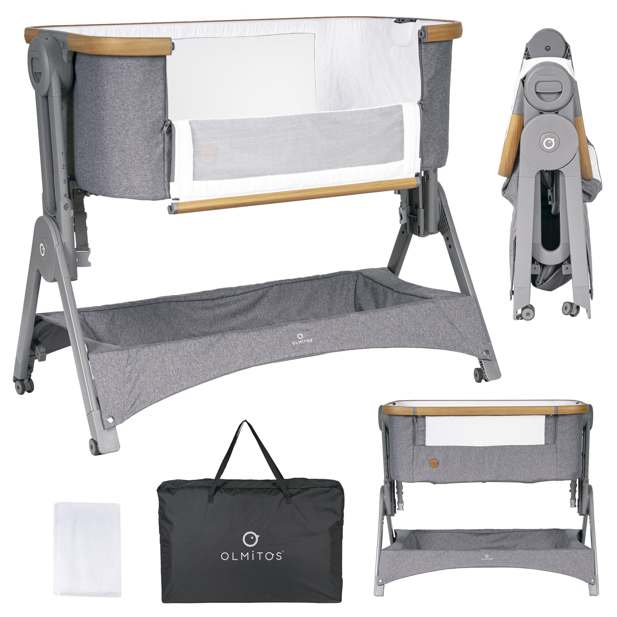 Olmitos - Minicuna de Colecho Stella – Cuna Bebé 2 en 1 Desde el Nacimiento, Altura Ajustable, Lateral Abatible, Incluye Edredón y Bajera - con mosquitera (Gris)