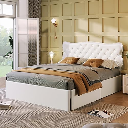 Miniatura 142 de Elegante cama con plataforma tapizada de terciopelo de tamaño Queen con cabecero, para niños, niñas y adolescentes (beige @cabecero/, Queen)