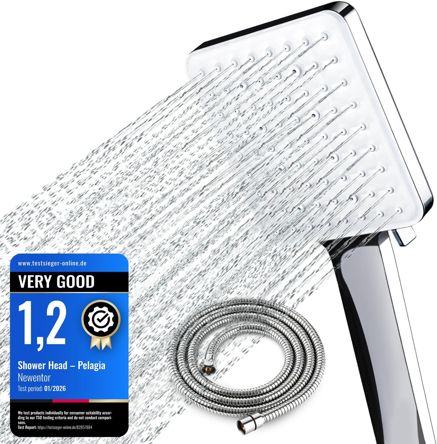 High Pressure Shower Head and Hose Set[TESTSIEGER], Shower Head with 6 Mode | Rainfall Large Shower heads, Universal Shower Head for Bathroom, Handheld Shower Head with Hose 1.5M, Silver