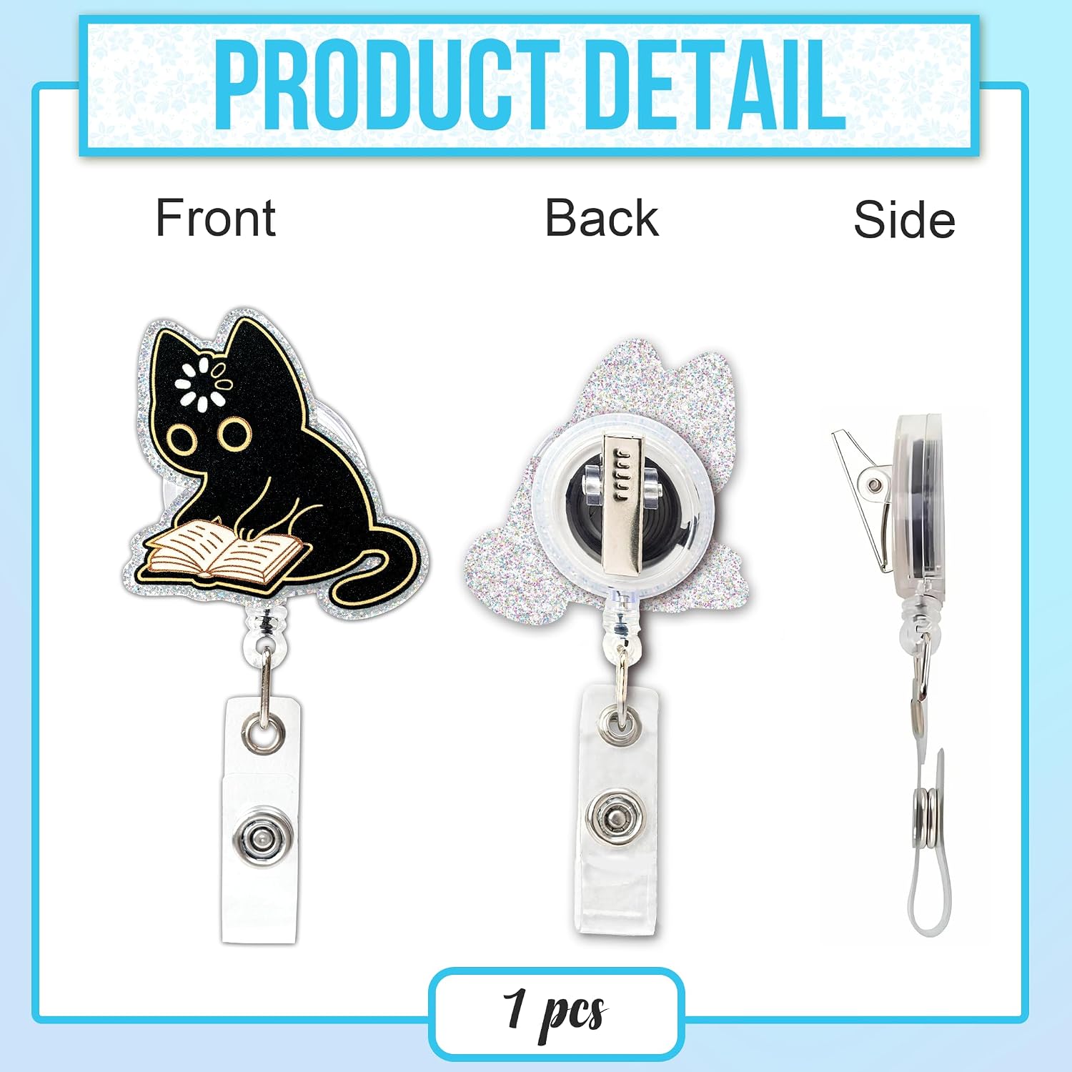 Cute Black Cat Reading Book Badge Reel Retractable – Funny Book Lover ID Badge Holder for Teacher, Librarian, Student with Alligator Clip & 24" Nylon Cord image 3