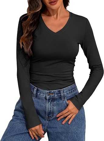 PrettyGuide Womens Cotton Long Sleeve Shirts V Neck Slim Fit Basic Tees | Fall Spring Casual Going Out Tops Soft Crop T Shirt