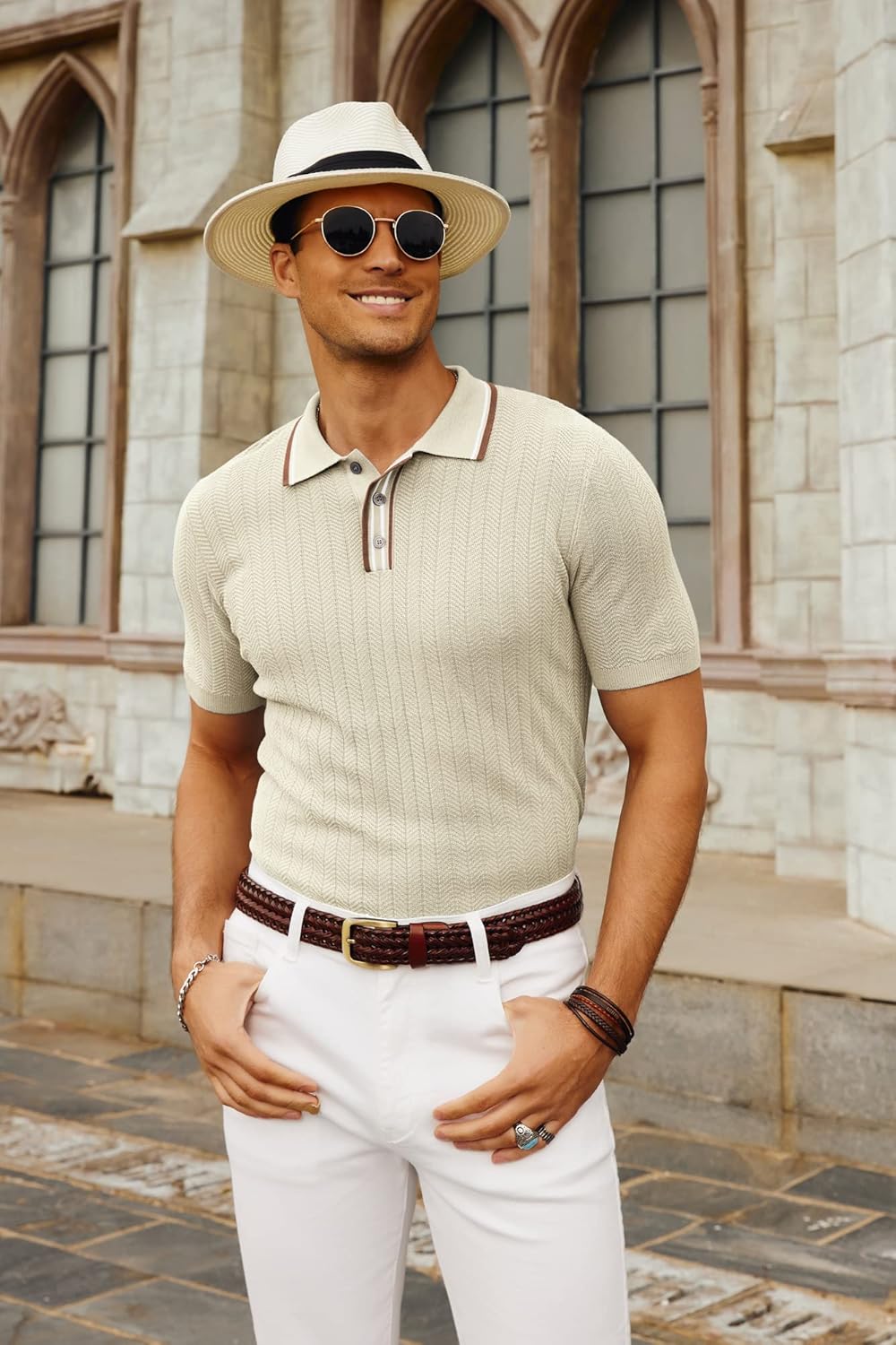 PJ PAUL JONES Mens Knitted Polo Shirts Short Sleeve Textured Pullover Golf Polo T Shirts - Image 8