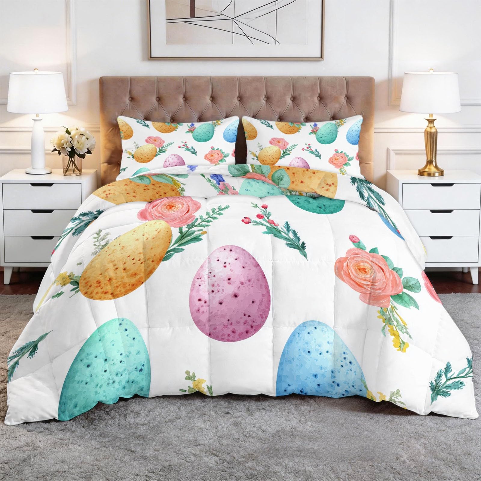 Generisch Florale Ostereier Bettdecke 200 x 220 cm 4 Jahreszeiten Steppdecke, Aquarellmalerei Waschbare Ganzjahresdecke Kinder Bettwaren Set Kinderzimmer Gästezimmer Bettdecke Ohne Bezug