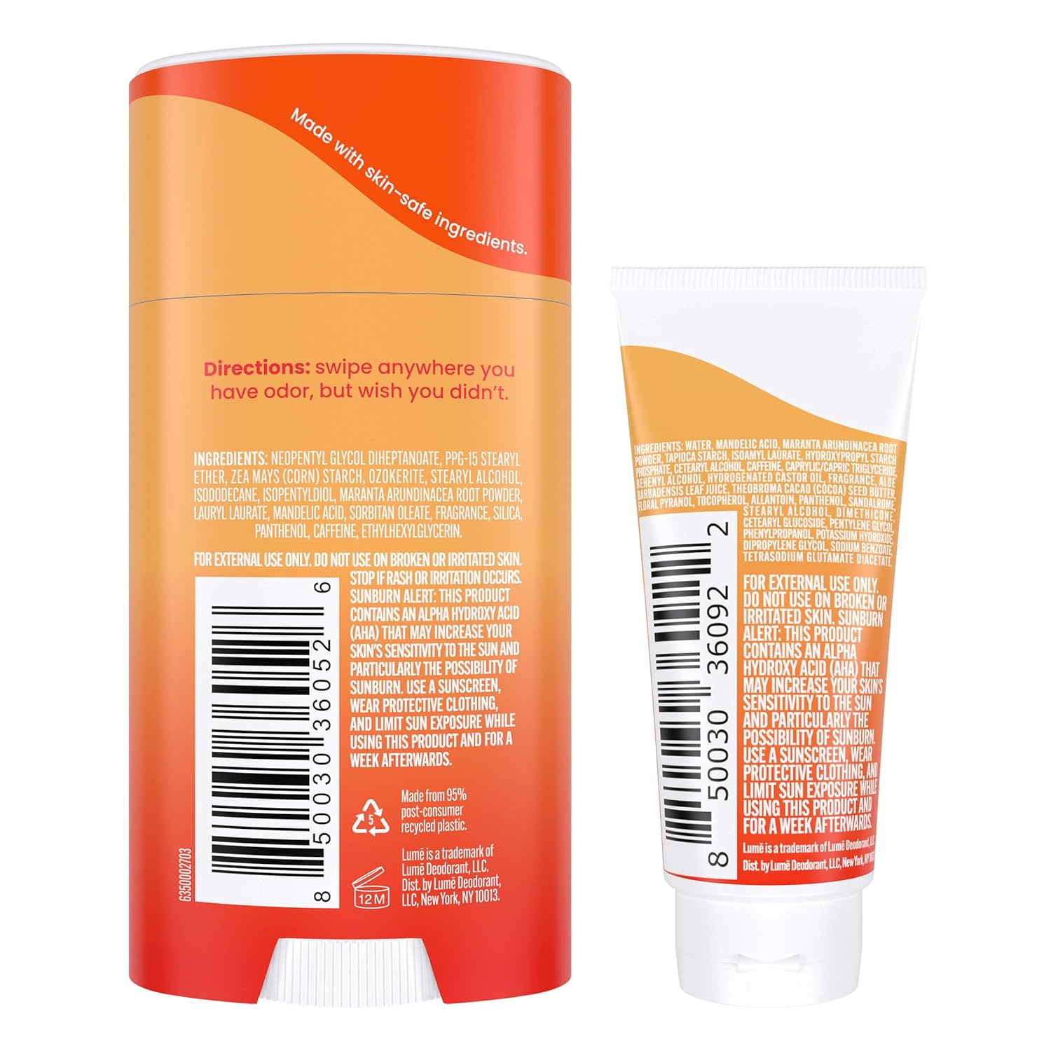 Lume Whole Body Deodorant - Invisible Cream Tube Mini + Solid Stick Bundle - 72 Hour Odor Control - Aluminum & Baking Soda Free, Skin Loving (Clean Tangerine) - Image 2