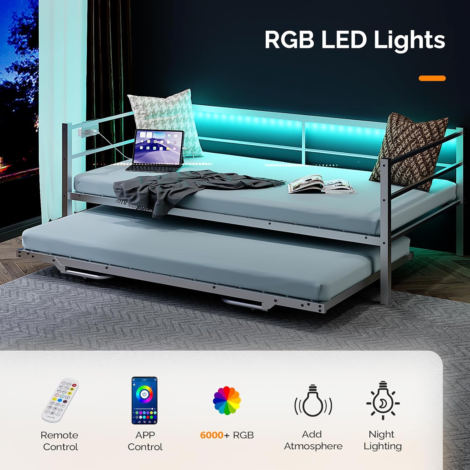 VINGLI Daybed with Trundle Twin, Metal Trundle Bed Frame with Pop Up Trundle Day Bed,Sofa Platform Bed with LED Lights and Charging Station,Pull Out Bed with Sturdy Steel Slats Support, White