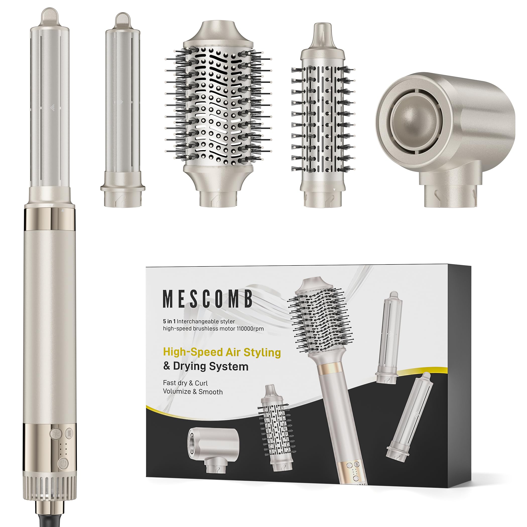 MESCOMB Airstyler 5 in 1, Hairstyler mit Hochgeschwindigkeit, Auto-Wrap Lockenstab & Rundbürstenföhn, Ionen-Technologie zum schnellen Trocknen, Locken, Glätten & Volumisieren
