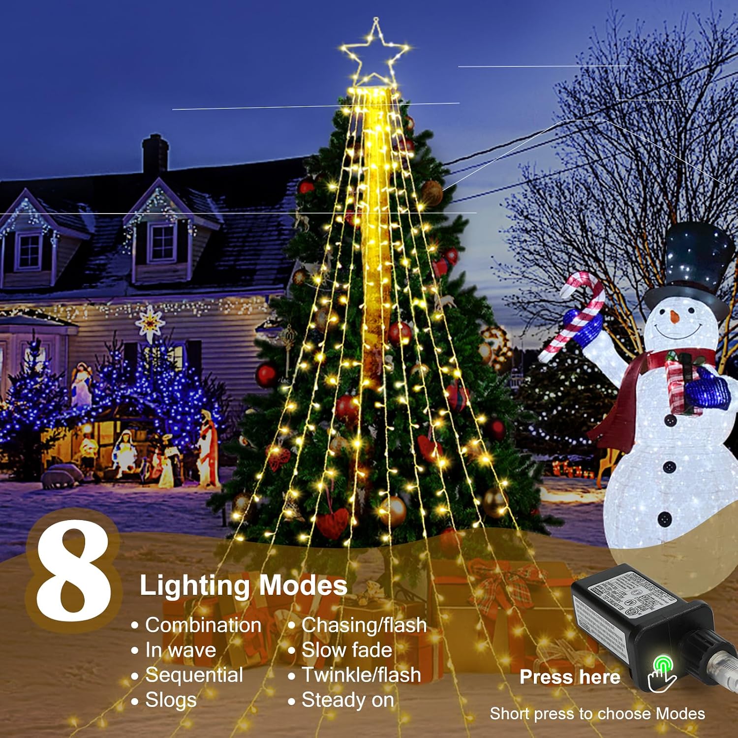 (New Christmas Decoration Lights, 320 LED Waterfall Christmas Tree Lights with 12" Star Topper, 8 Modes Indoor Outdoor String Lights for Yard, Party, Home, Holiday (Warm White)