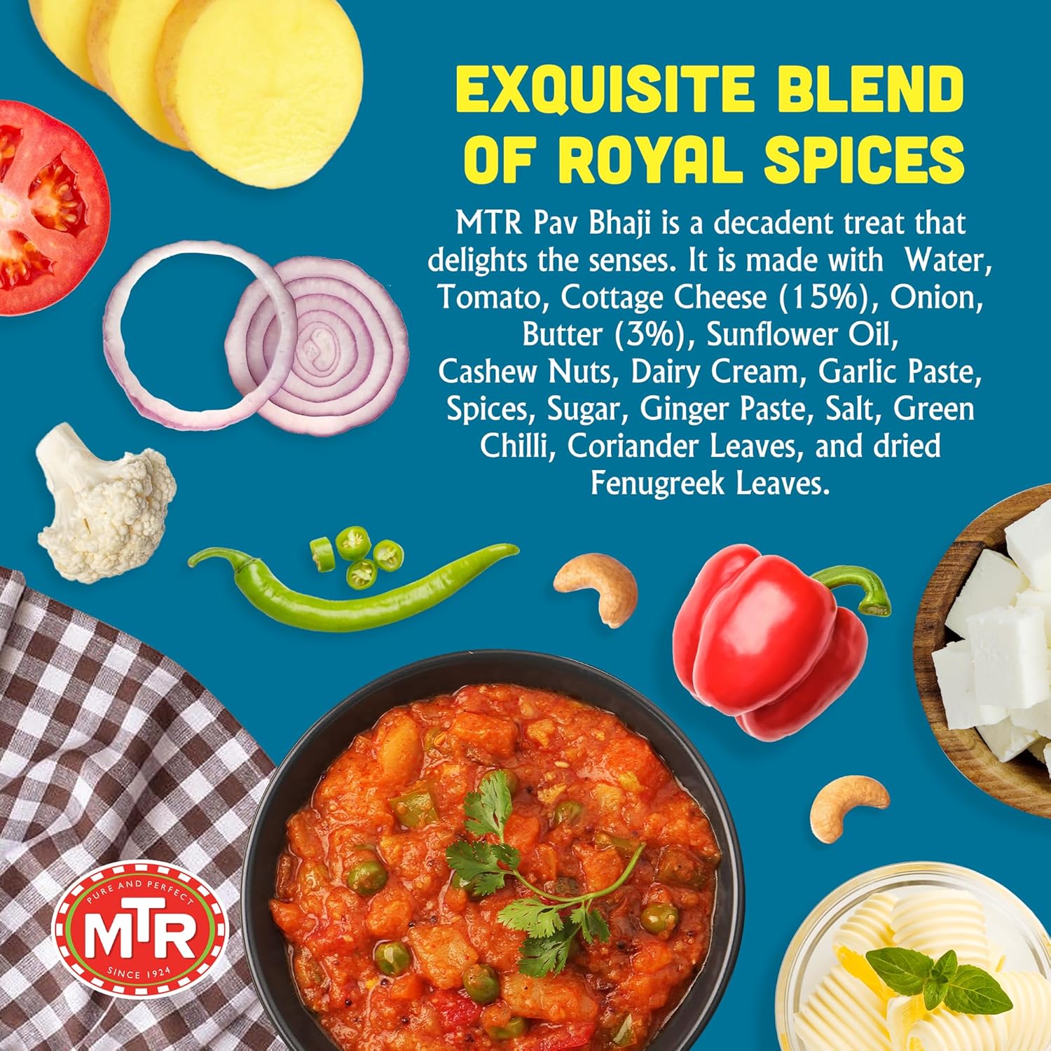 MTR - Pav Bhaji - Spiced Vegetable Gravy - Authentic Indian Ready-to-Eat Meal - Plant-Based, Delicious Microwaveable Meal - Quick & Easy Nutritious Indian Food - Suitable for Vegetarians (Pack of 6)