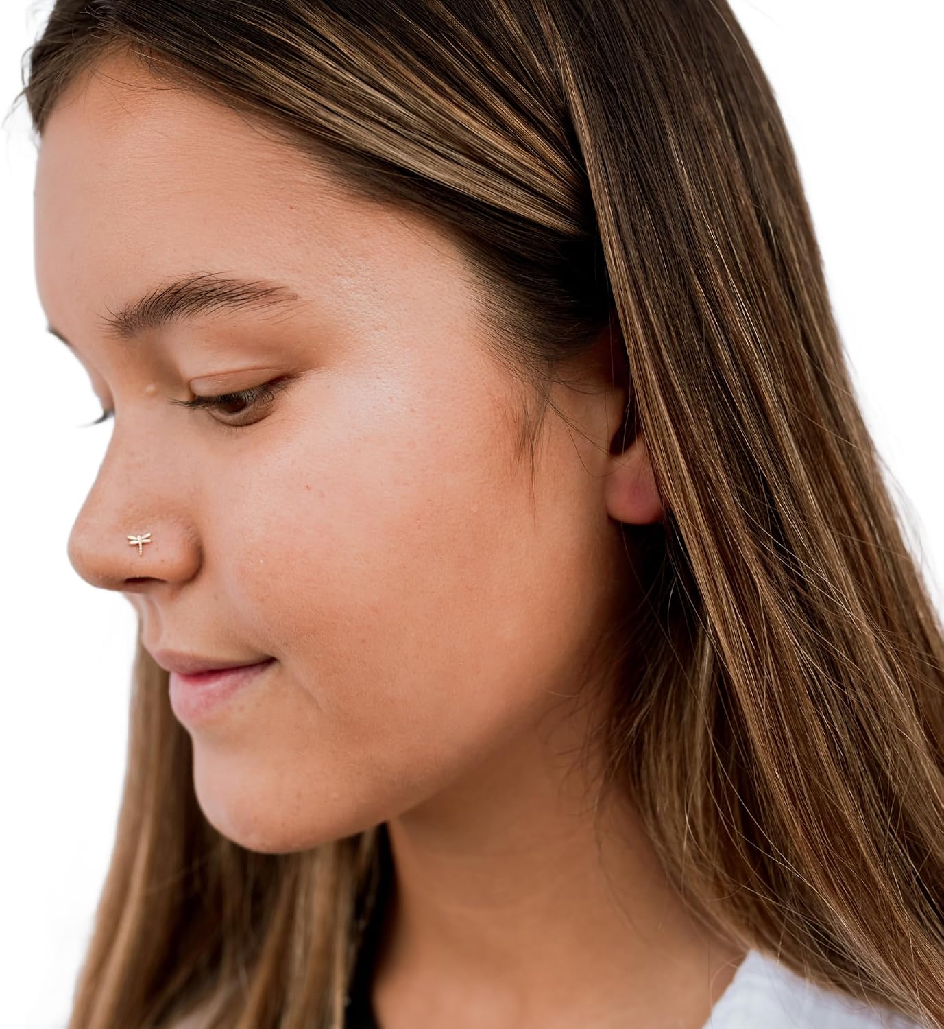 Ellie J Maui Nose Pin 14k Gold | Dragonfly Nose Bone Stud | Solid Gold Nose Stud | Cute Nose Piercing Jewelry for Women | Natural Organic Inscet-Inspired Nose Accessory