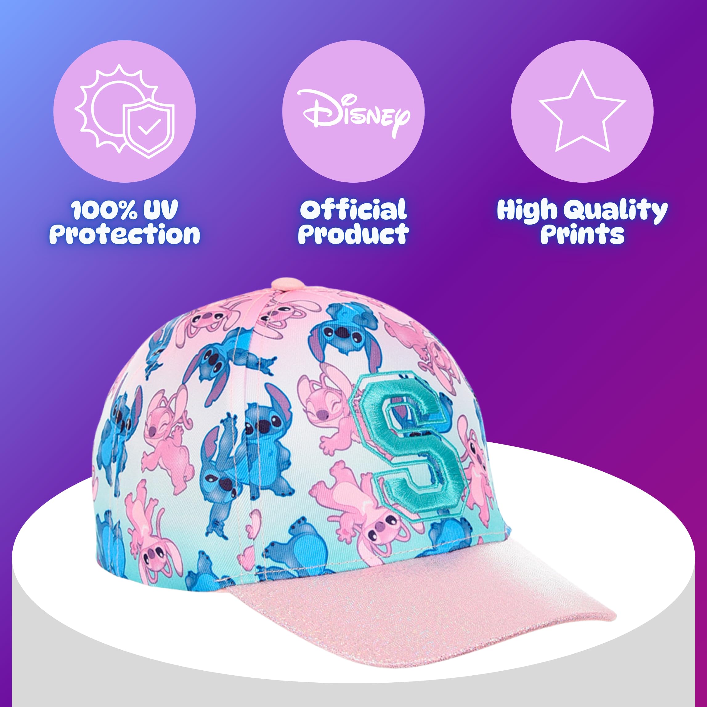 Disney Stitch y Angel Gorro para Niñas, Gorra de Beisbol Purpurina 3D, Gorra de Verano Infantil