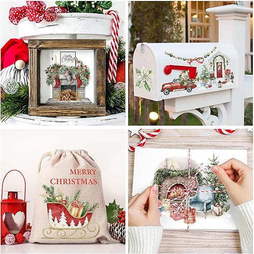 Miniatura 5 de Whaline 12 hojas de calcomanías clásicas de transferencia de gnomos de acuarela, Papá Noel, muñeco de nieve, gnomo, calcomanías de invierno florales