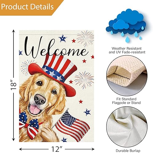 Miniatura 4 de Bandera de jardín del 4 de julio de 12 x 18 pulgadas, vertical de doble cara, pequeña arpillera dorada, perro de bienvenida, patriótico, jardín,